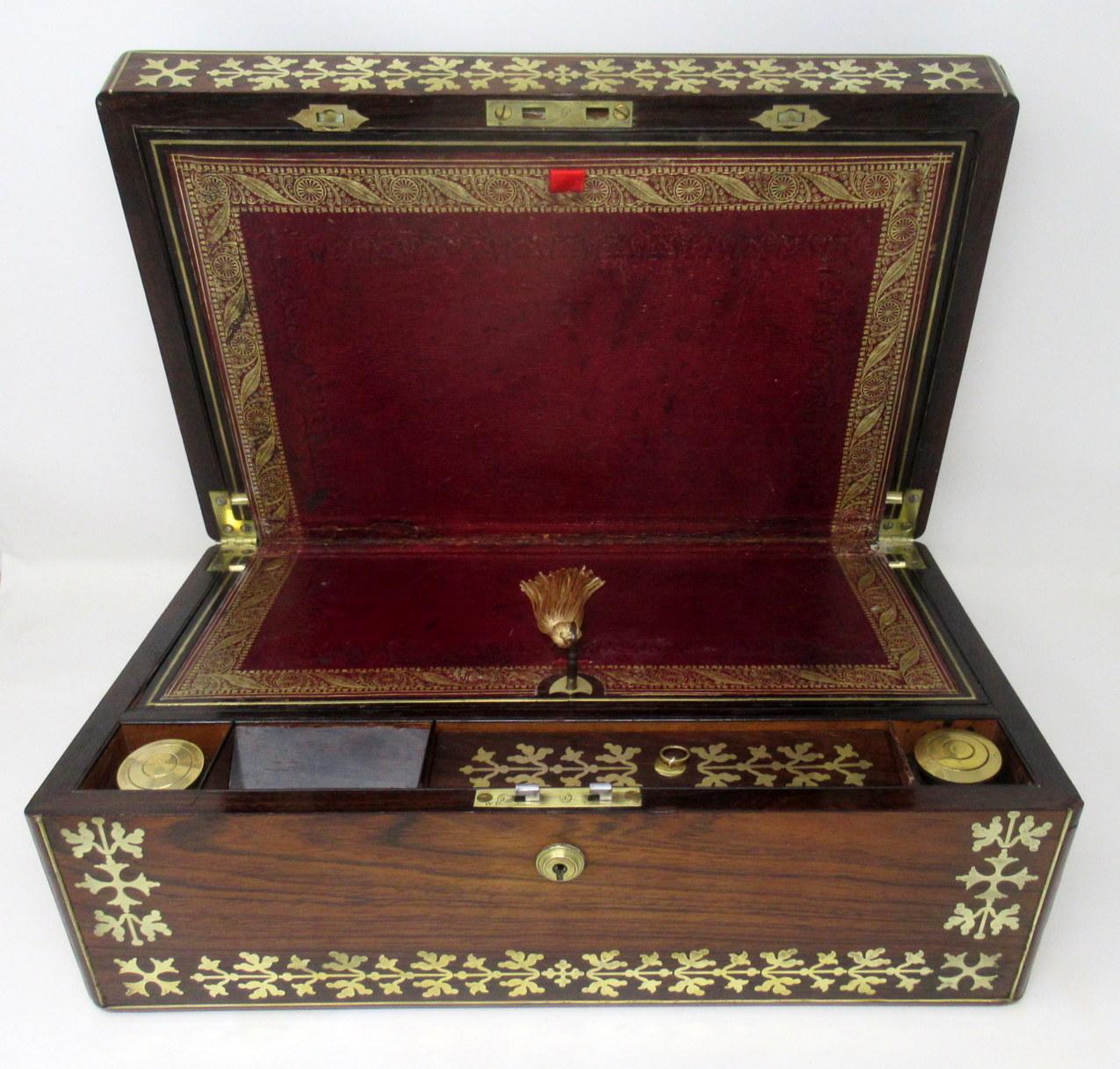 English Antique Regency Brass Inlaid Mahogany Traveling Desk Wooden Writing Slope Box For Sale