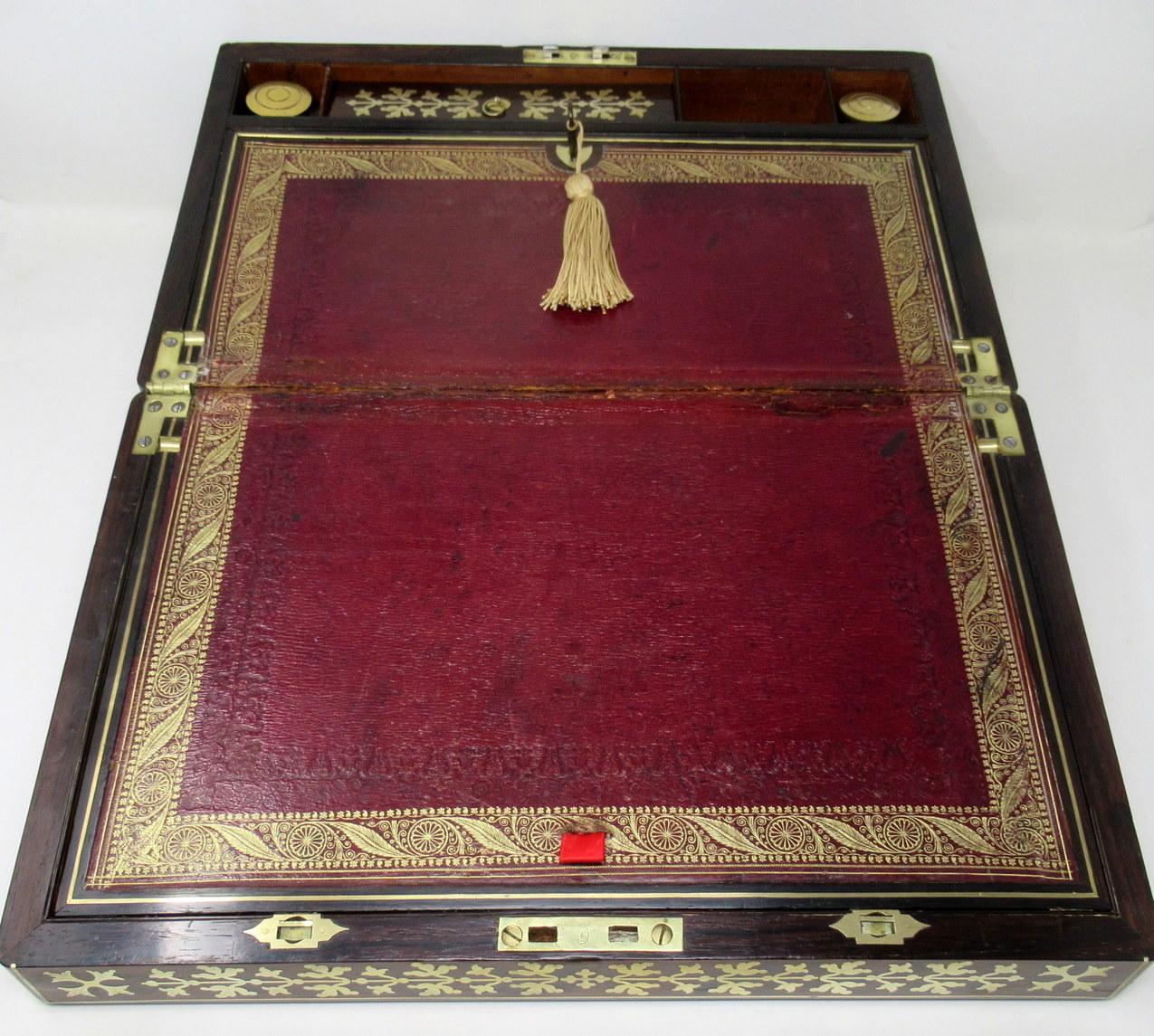 Antique Regency Brass Inlaid Mahogany Traveling Desk Wooden Writing Slope Box In Good Condition For Sale In Dublin, Ireland
