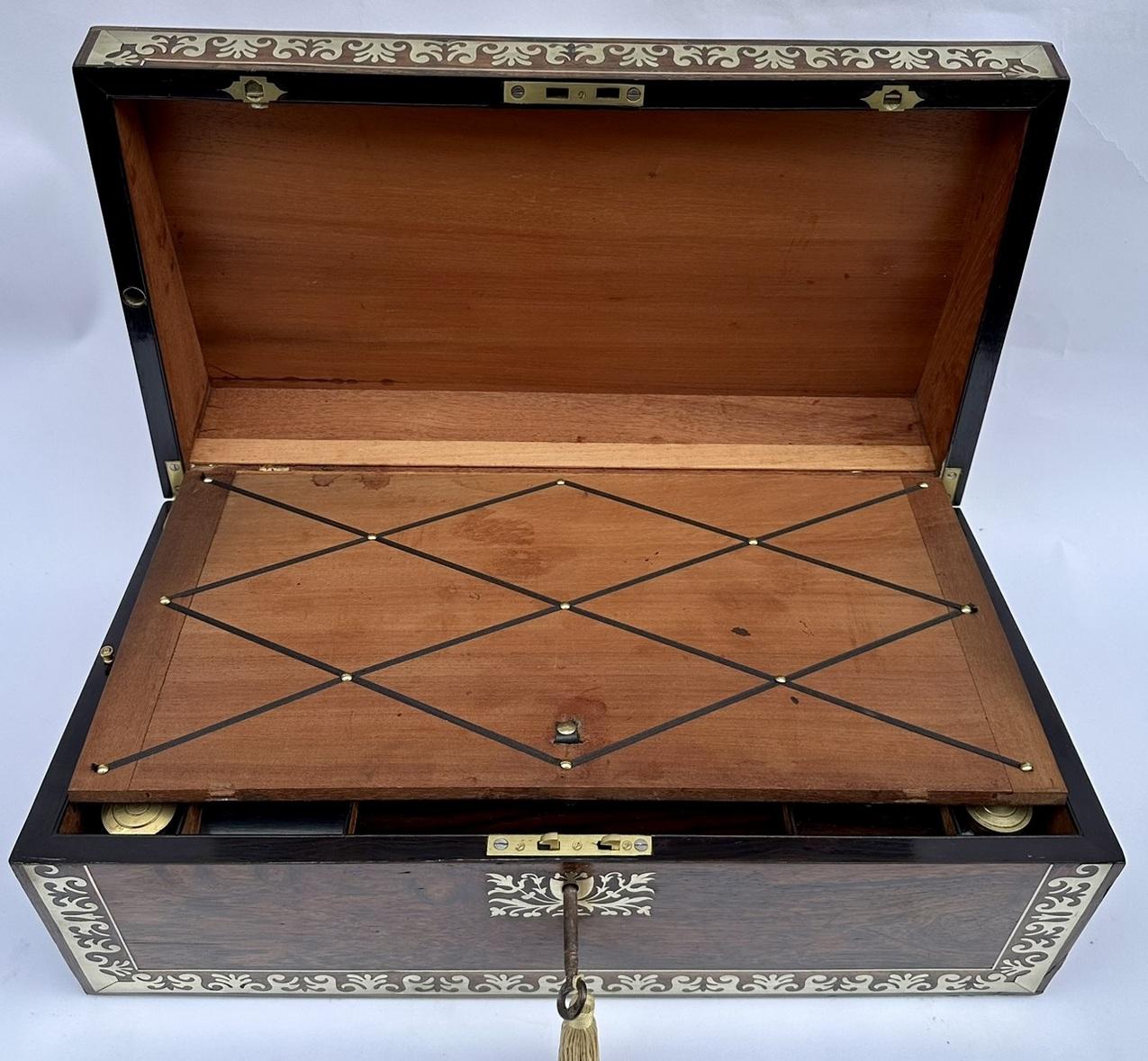 Antique Regency Brass Inlaid Mahogany Traveling Desk Wooden Writing Slope Box For Sale 1
