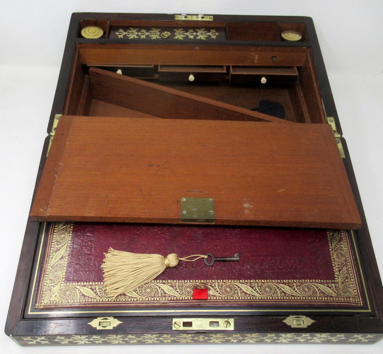 19th Century Antique Regency Brass Inlaid Mahogany Traveling Desk Wooden Writing Slope Box For Sale