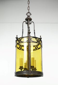 Antique Regency Bronze & Amber Glass Pendant Lantern