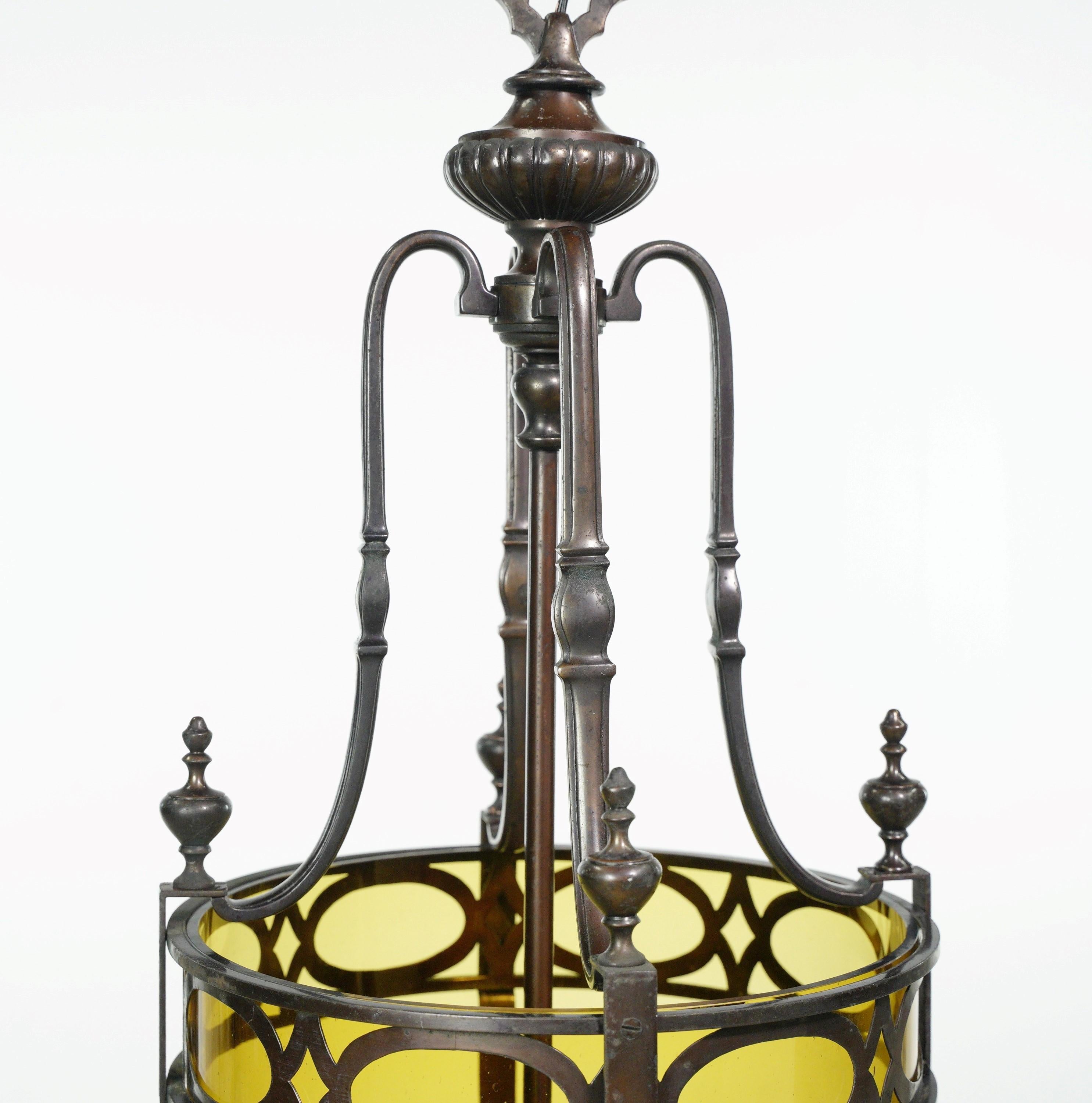 Antique Regency Bronze & Amber Glass Pendant Lantern In Good Condition For Sale In New York, NY