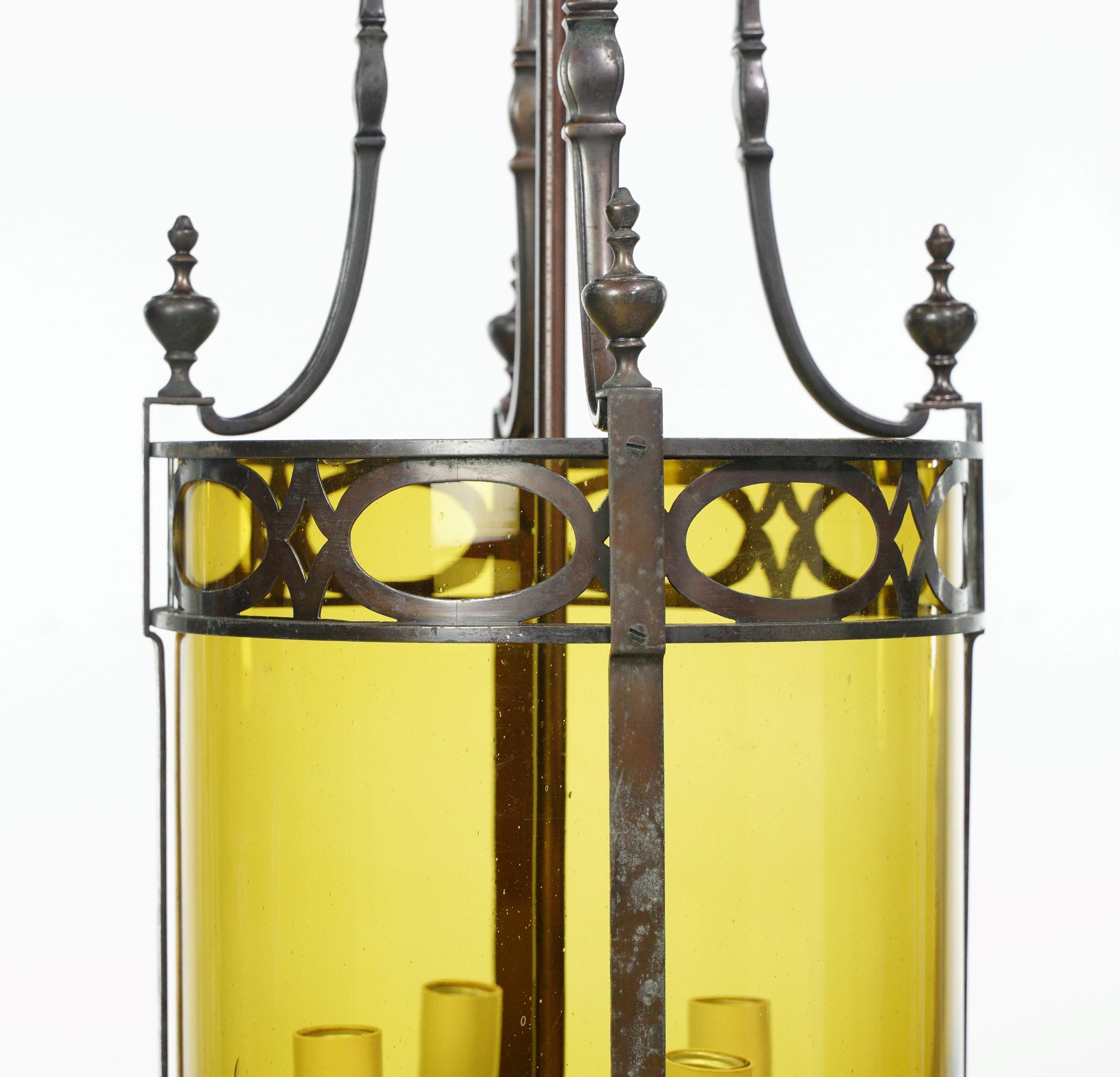 20th Century Antique Regency Bronze & Amber Glass Pendant Lantern For Sale
