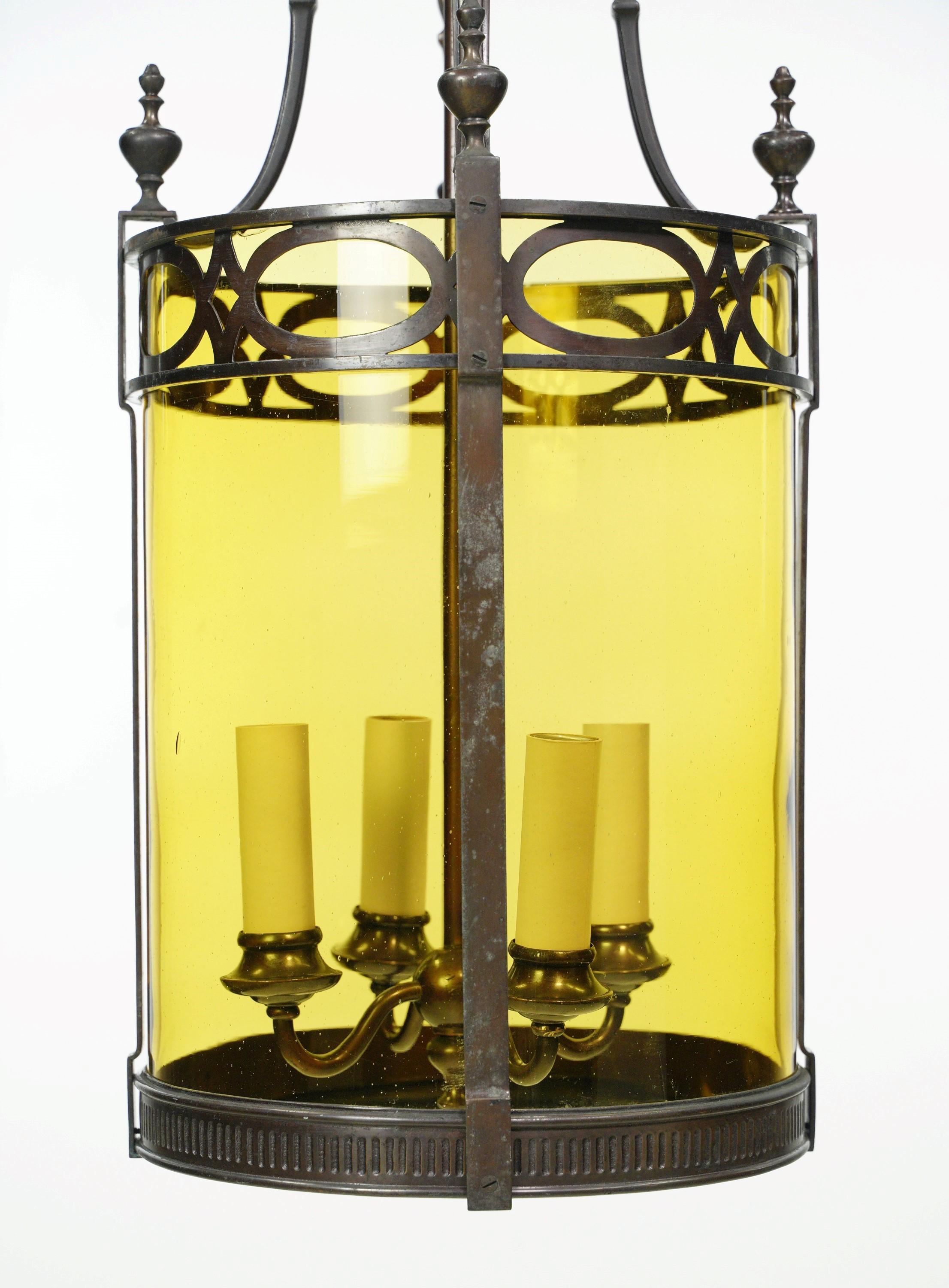 Antique Regency Bronze & Amber Glass Pendant Lantern For Sale 1