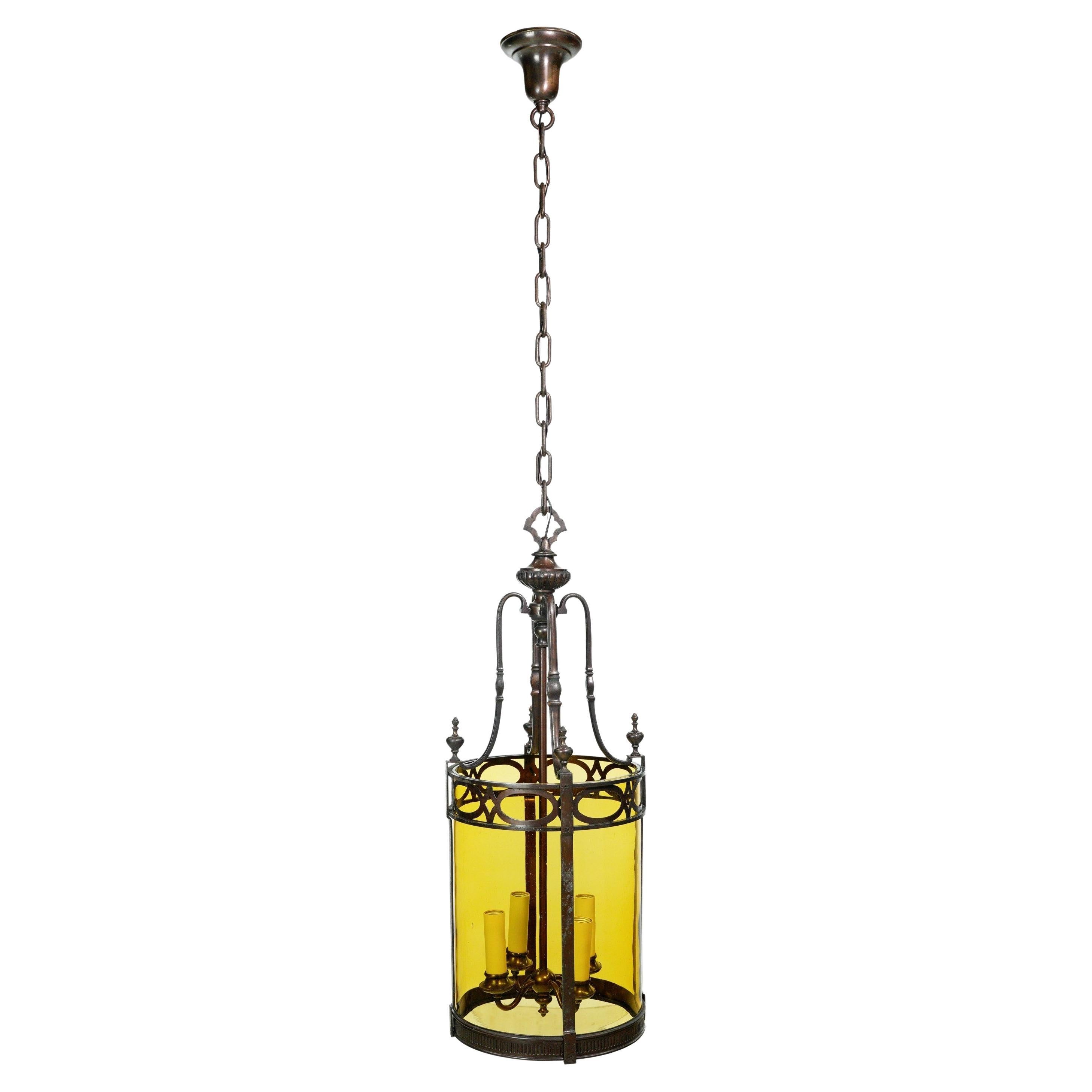 Antique Regency Bronze & Amber Glass Pendant Lantern