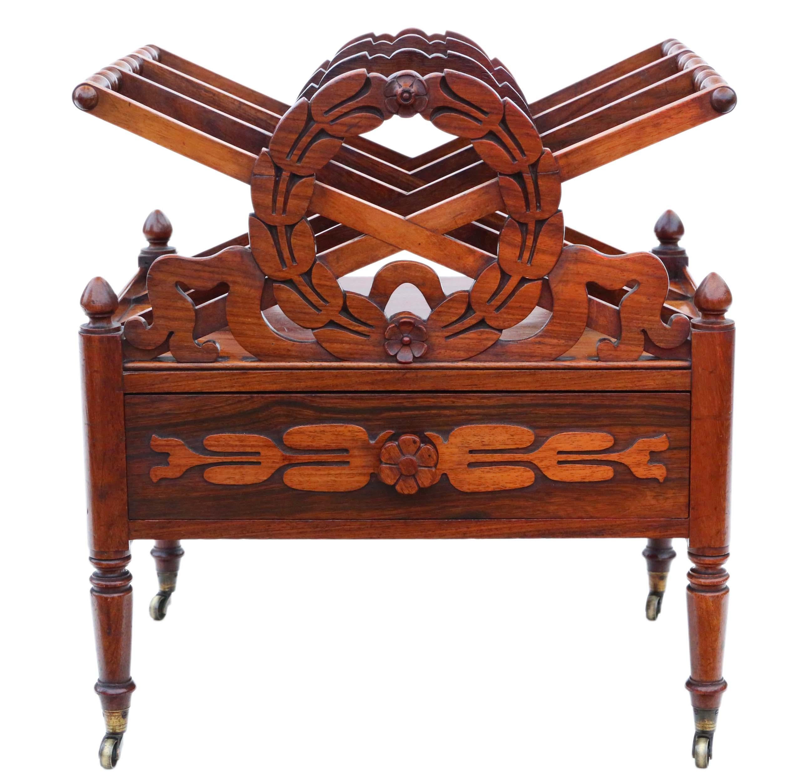 Antique fine quality Regency circa 1825 mahogany Canterbury magazine rack.

This is a lovely item, that is full of age, charm and character. Stands on period brass castors.

An attractive and rare quality piece, with a lovely decorative