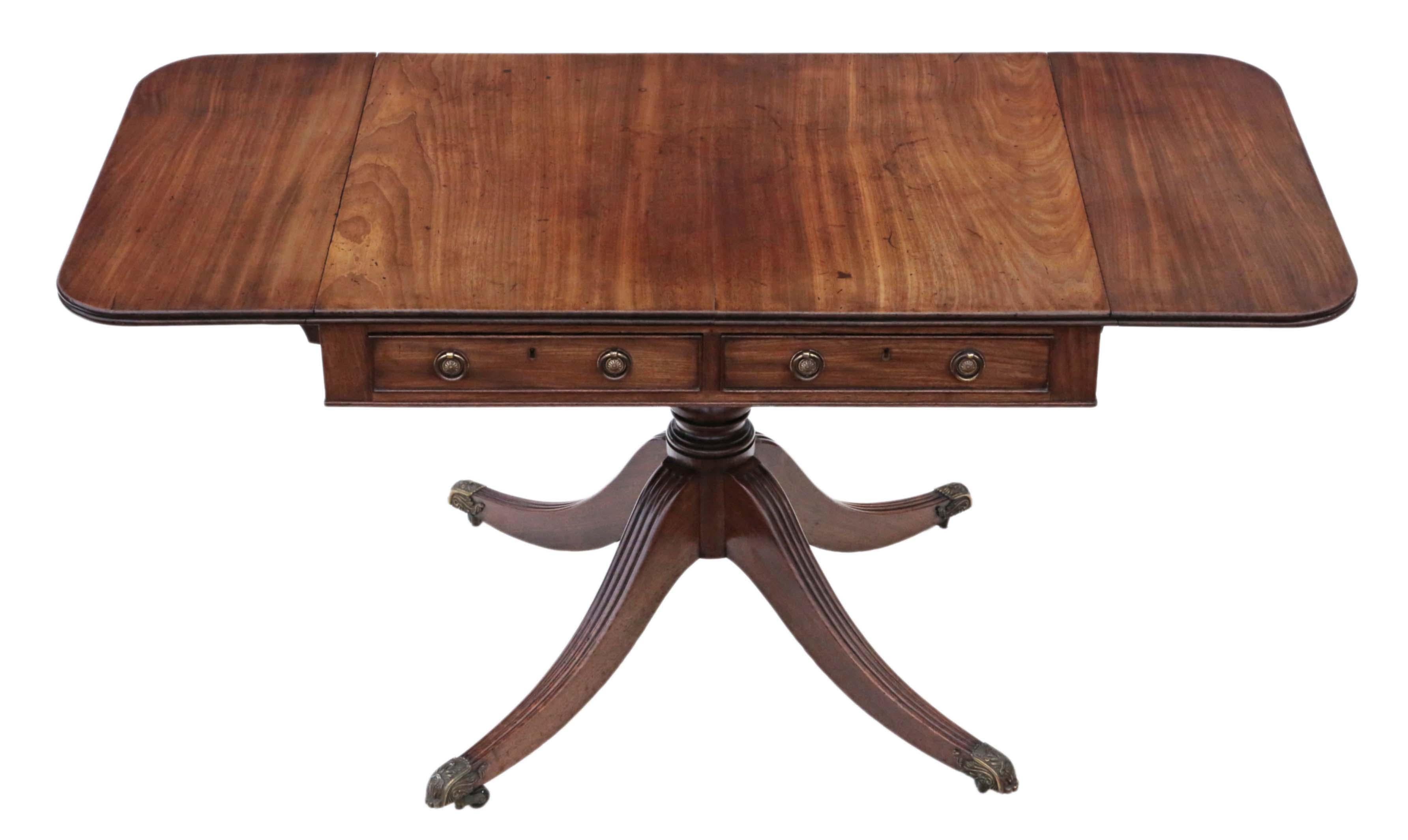 Regency C1825 mahogany sofa table, 19th century.

One of the best that you will find. Fantastic period castors.

Two large active oak lined drawers to one side and two dummies to the other. The drawers slide freely.

Solid with no loose