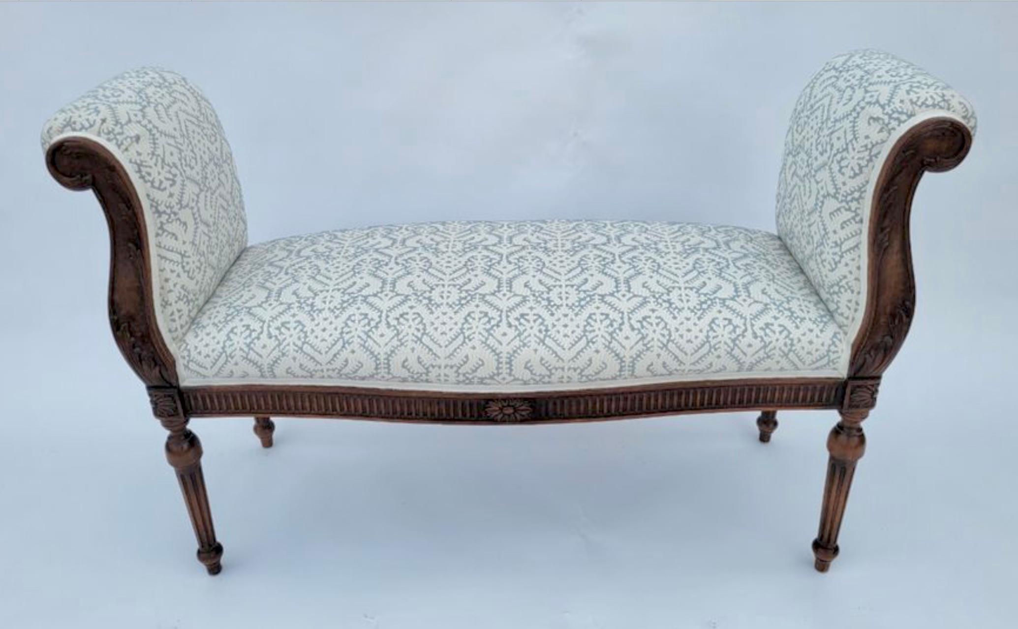 Antique Regency Carved & Upholstered Fruitwood Roll Arm Bench In Good Condition For Sale In LOS ANGELES, CA