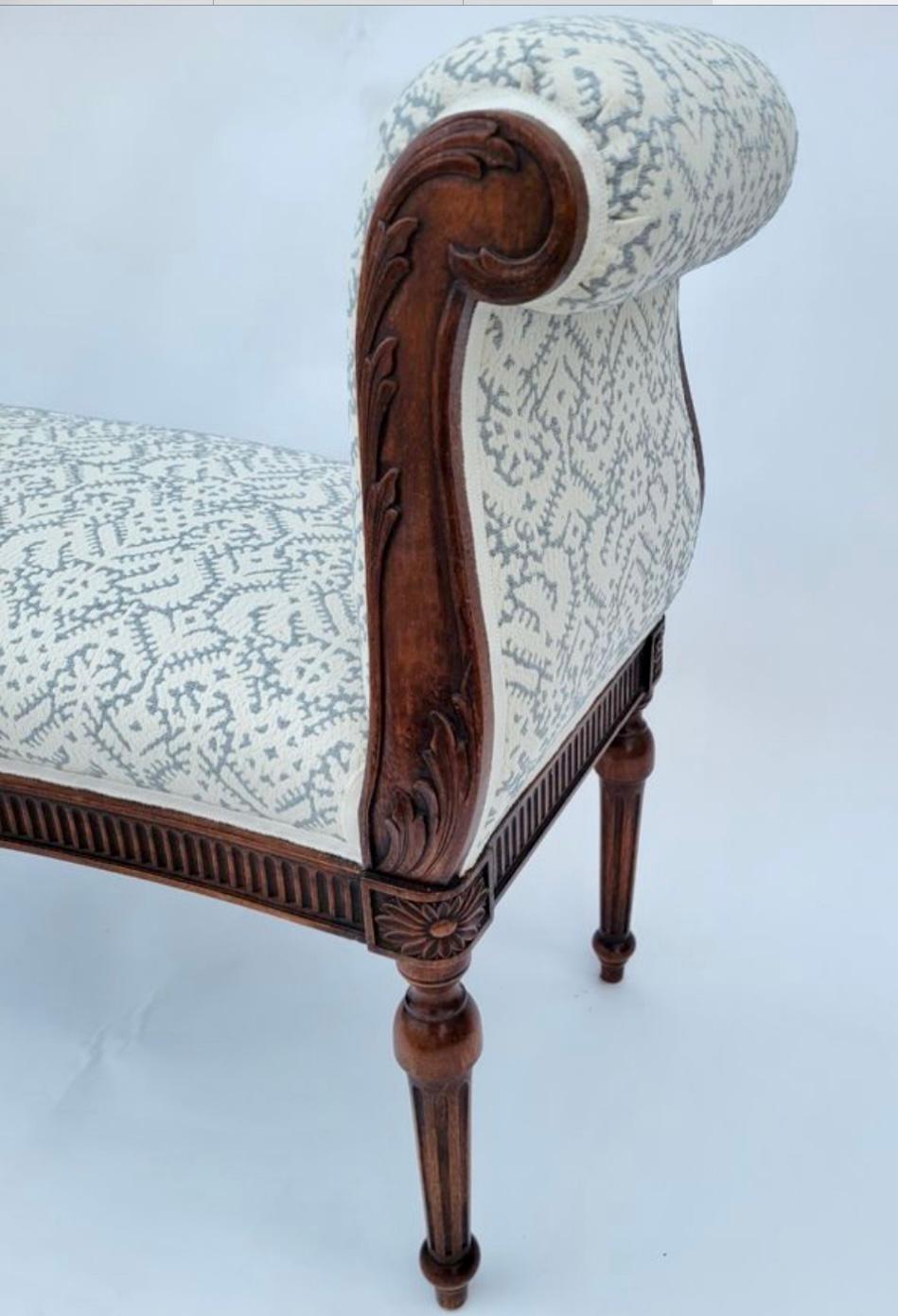 Antique Regency Carved & Upholstered Fruitwood Roll Arm Bench In Good Condition In LOS ANGELES, CA