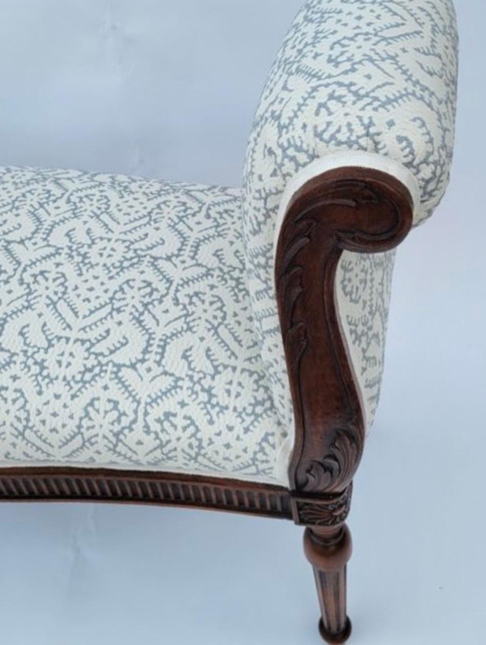 20th Century Antique Regency Carved & Upholstered Fruitwood Roll Arm Bench