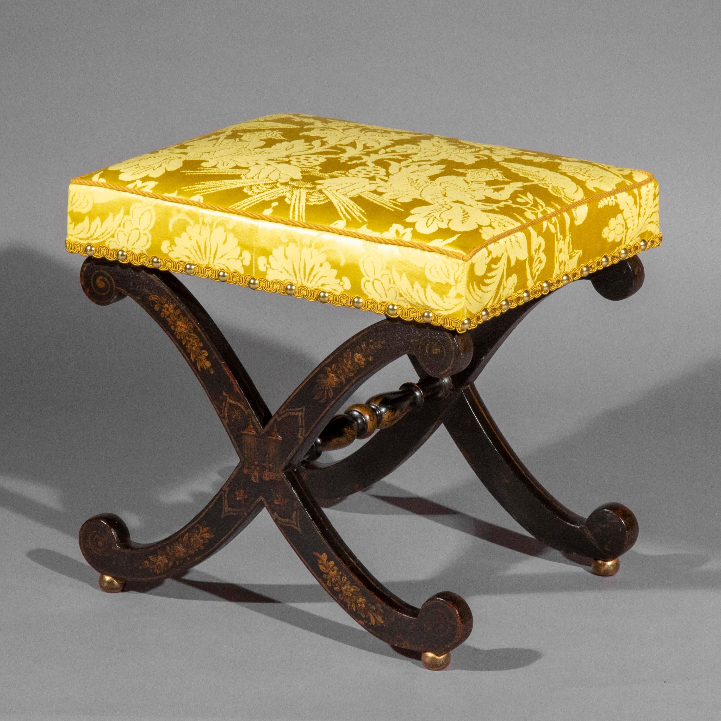 Lacquered Antique Regency Chinoiserie X-Frame Stool