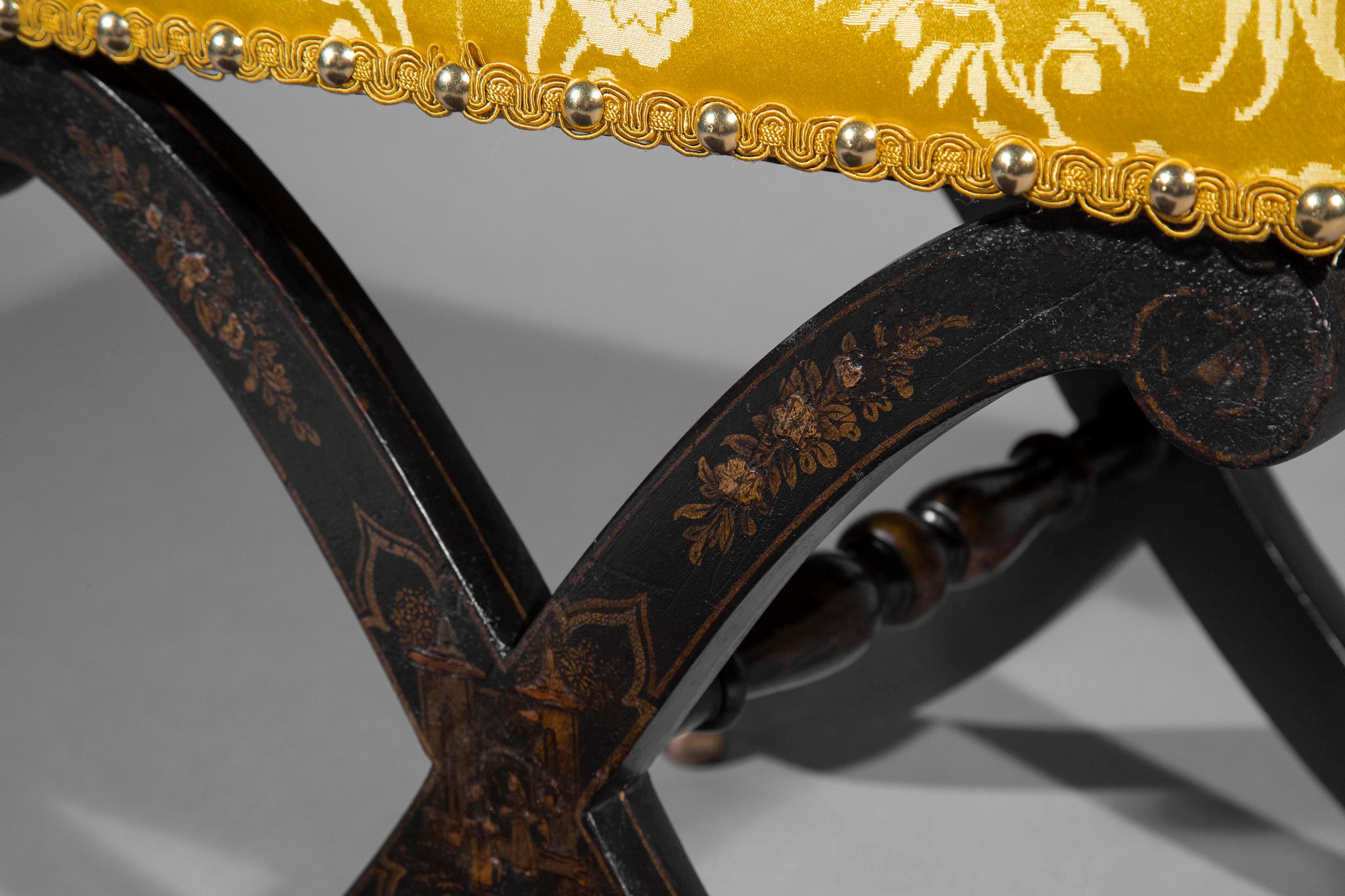 Upholstery Antique Regency Chinoiserie X-Frame Stool