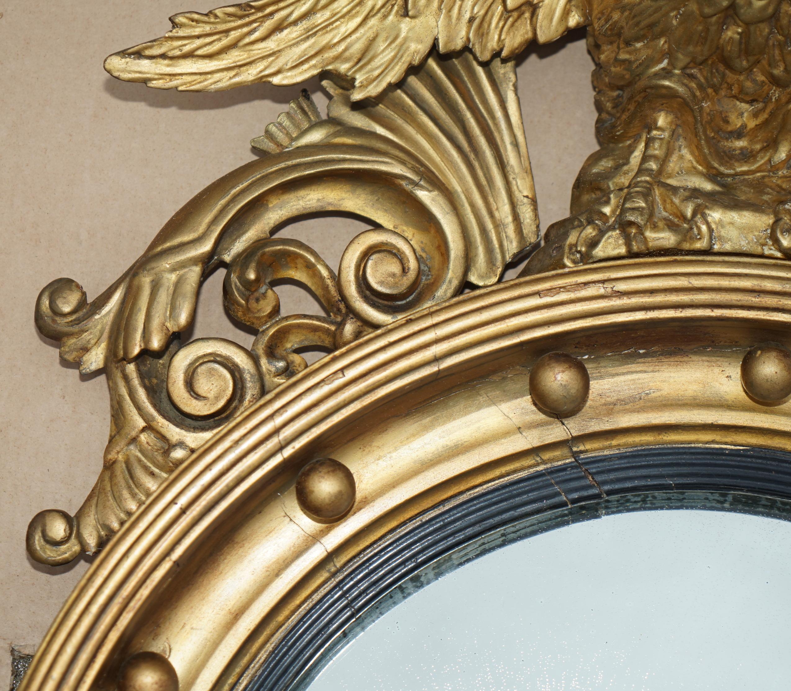 Hand-Crafted ANTiQUE REGENCY CIR 1820 ALBAN VOKINS GOLD GILTWOOD CONVEX BULLSEYE EAGLE MIRROR For Sale