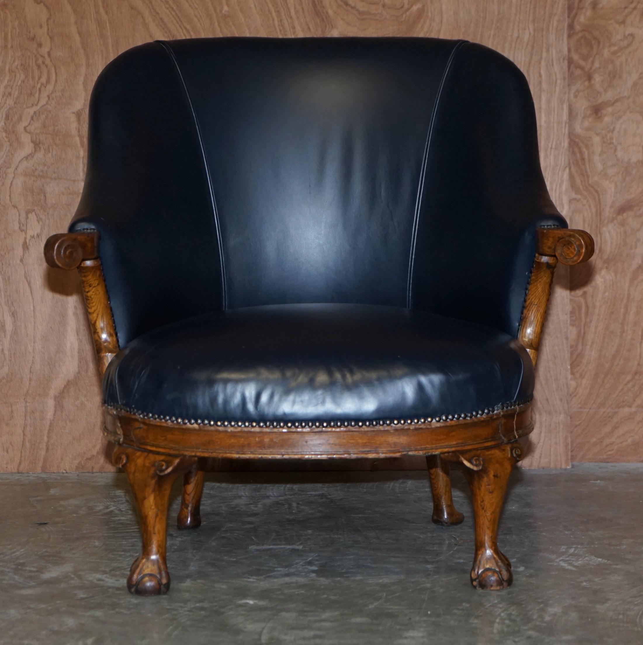 We are delighted to offer this lovely hand made in England Regency circa 1810-1820 oak framed Gentleman’s tub armchair with Royal blue leather upholstery

A very good looking and decorative piece, in truth, I have not seen an armchair with these