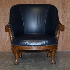 Antique Regency circa 1810-1820 Claw & Ball Oak Framed Blue Leather Armchair