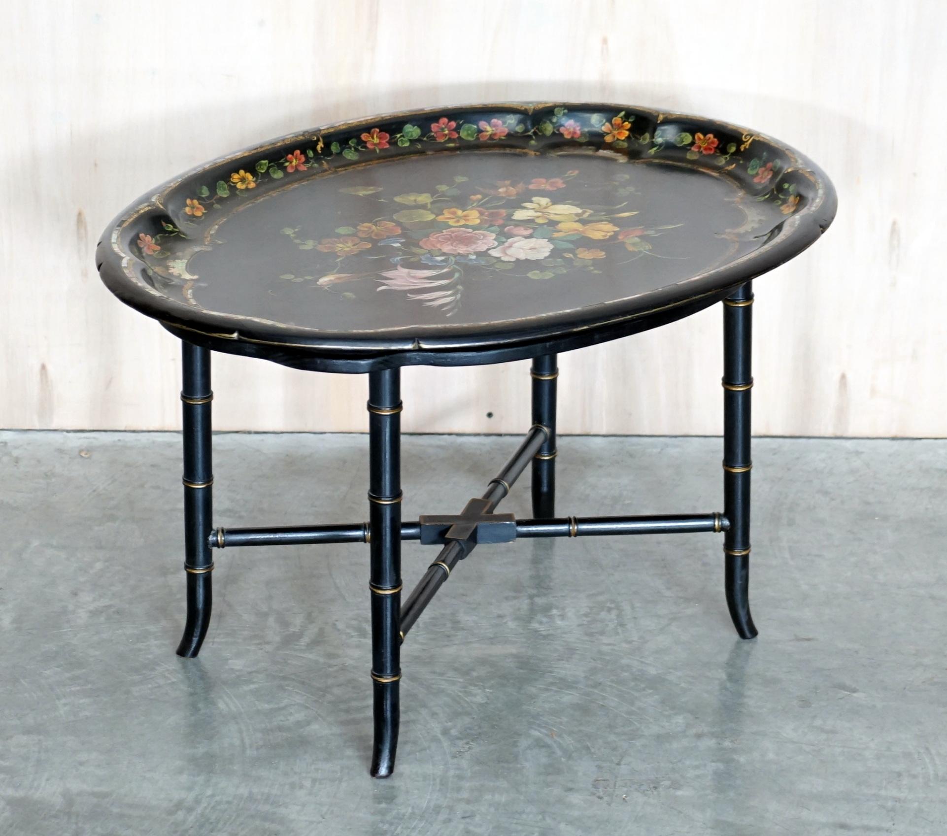 We are delighted to offer for sale this stunning, hand made in England, Regency circa 1810-1820, Paper Mache. Ebonised with Mother of Pearl inlay and hand painted finish, tray table.

A good looking well made and decorative tray table, the piece