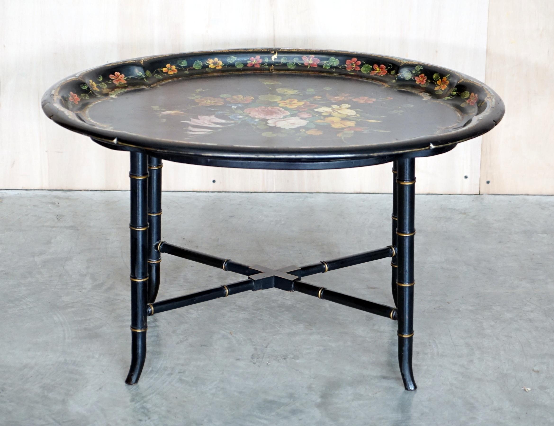 English Antique Regency circa 1810-1820 Mother of Pearl Inlaid Hand Painted Tray Table