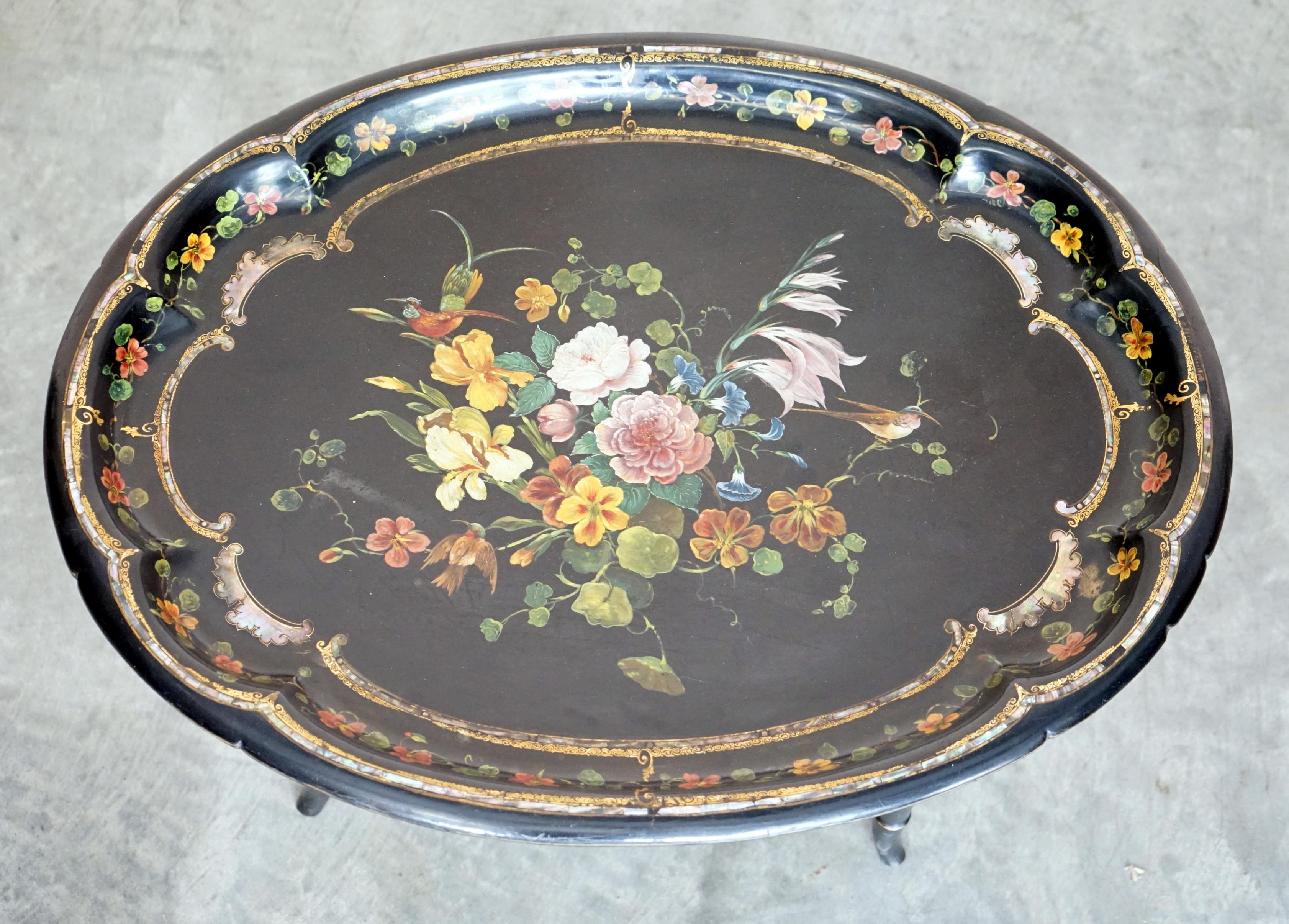 Hand-Crafted Antique Regency circa 1810-1820 Mother of Pearl Inlaid Hand Painted Tray Table