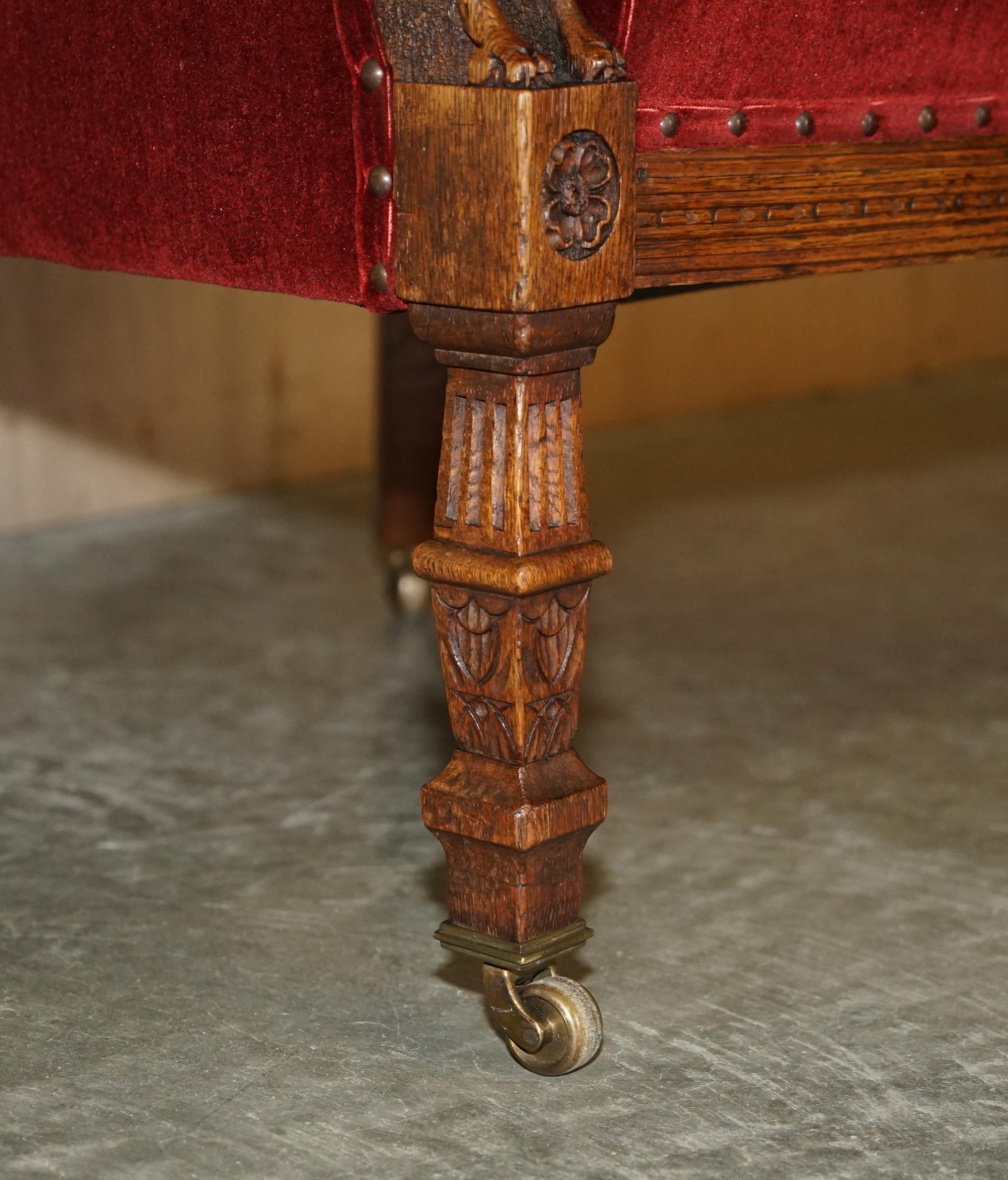 Antique Regency circa 1810 Oak Carved Armchair with Lions Head Oxblood Velour For Sale 4