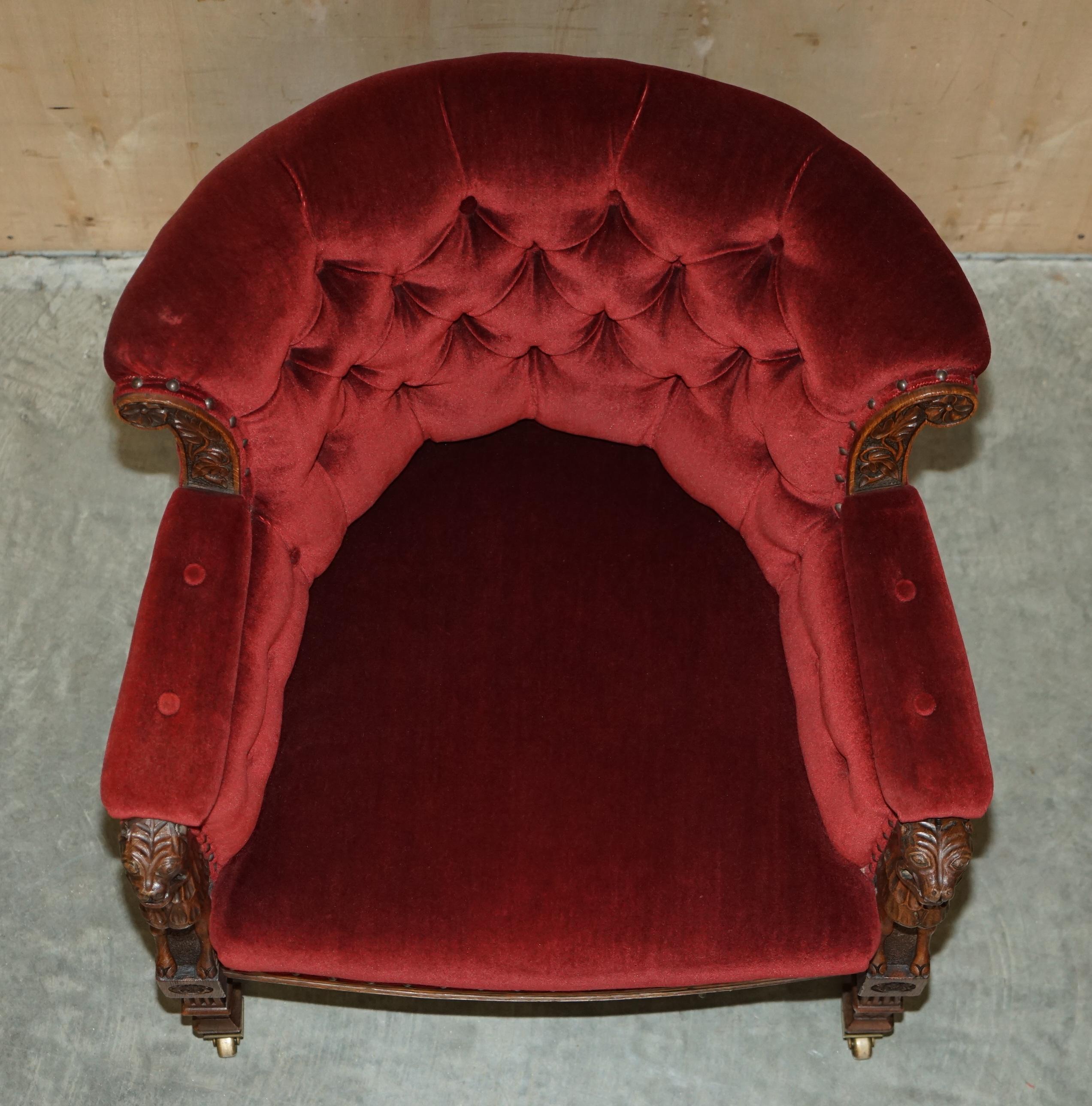 Antique Regency circa 1810 Oak Carved Armchair with Lions Head Oxblood Velour For Sale 5