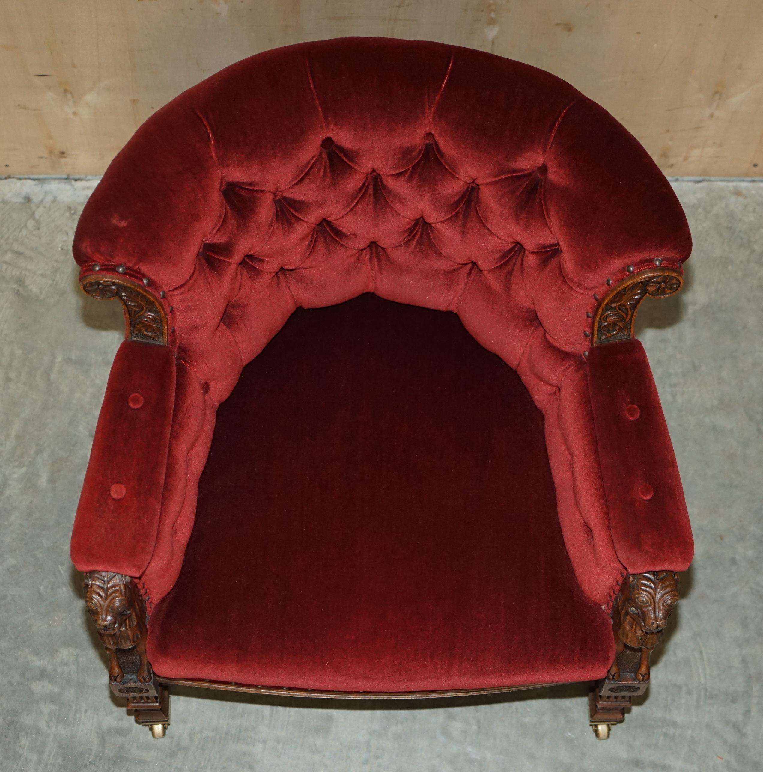 Antique Regency circa 1810 Oak Carved Armchair with Lions Head Oxblood Velour For Sale 6