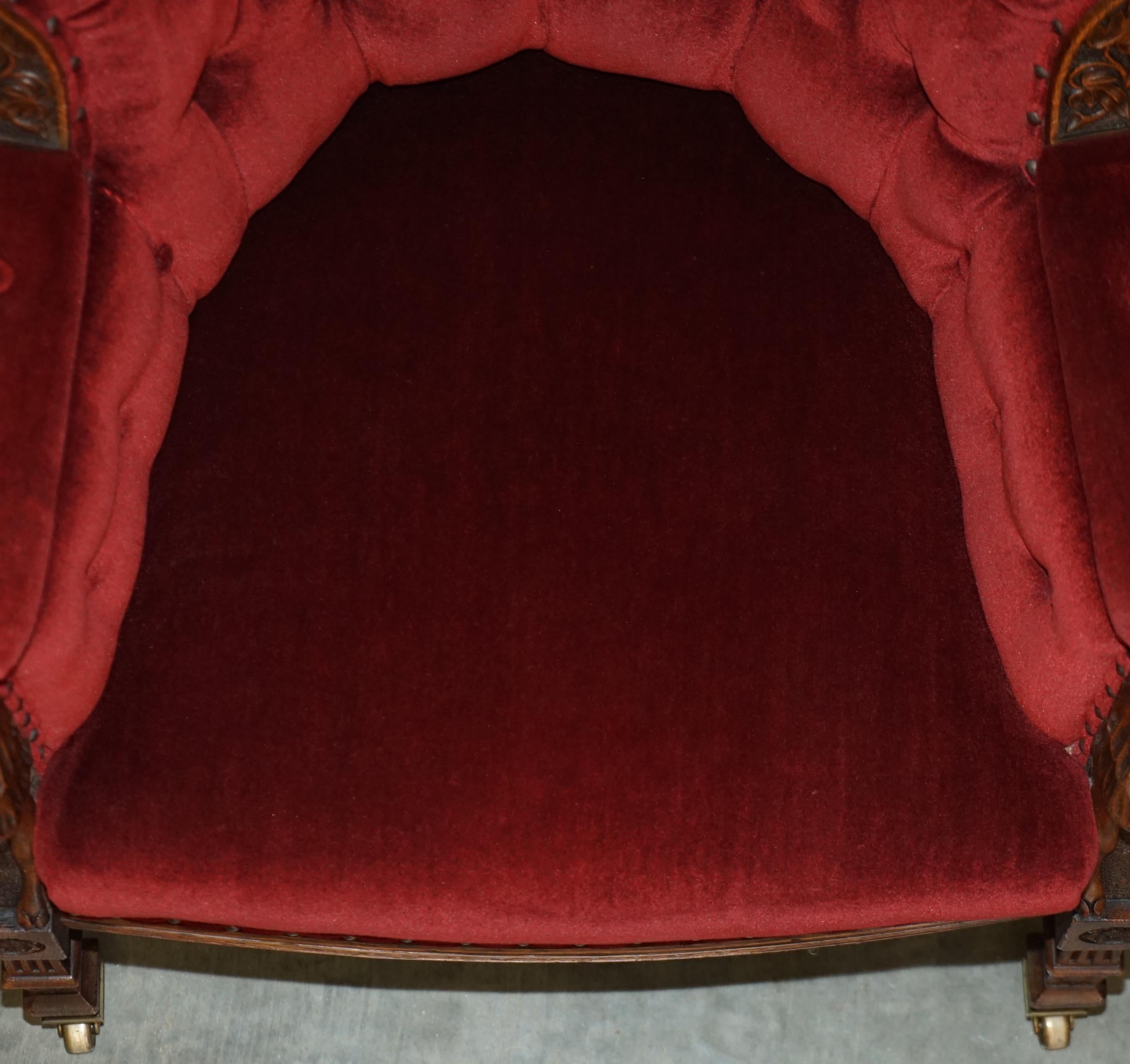 Antique Regency circa 1810 Oak Carved Armchair with Lions Head Oxblood Velour For Sale 7