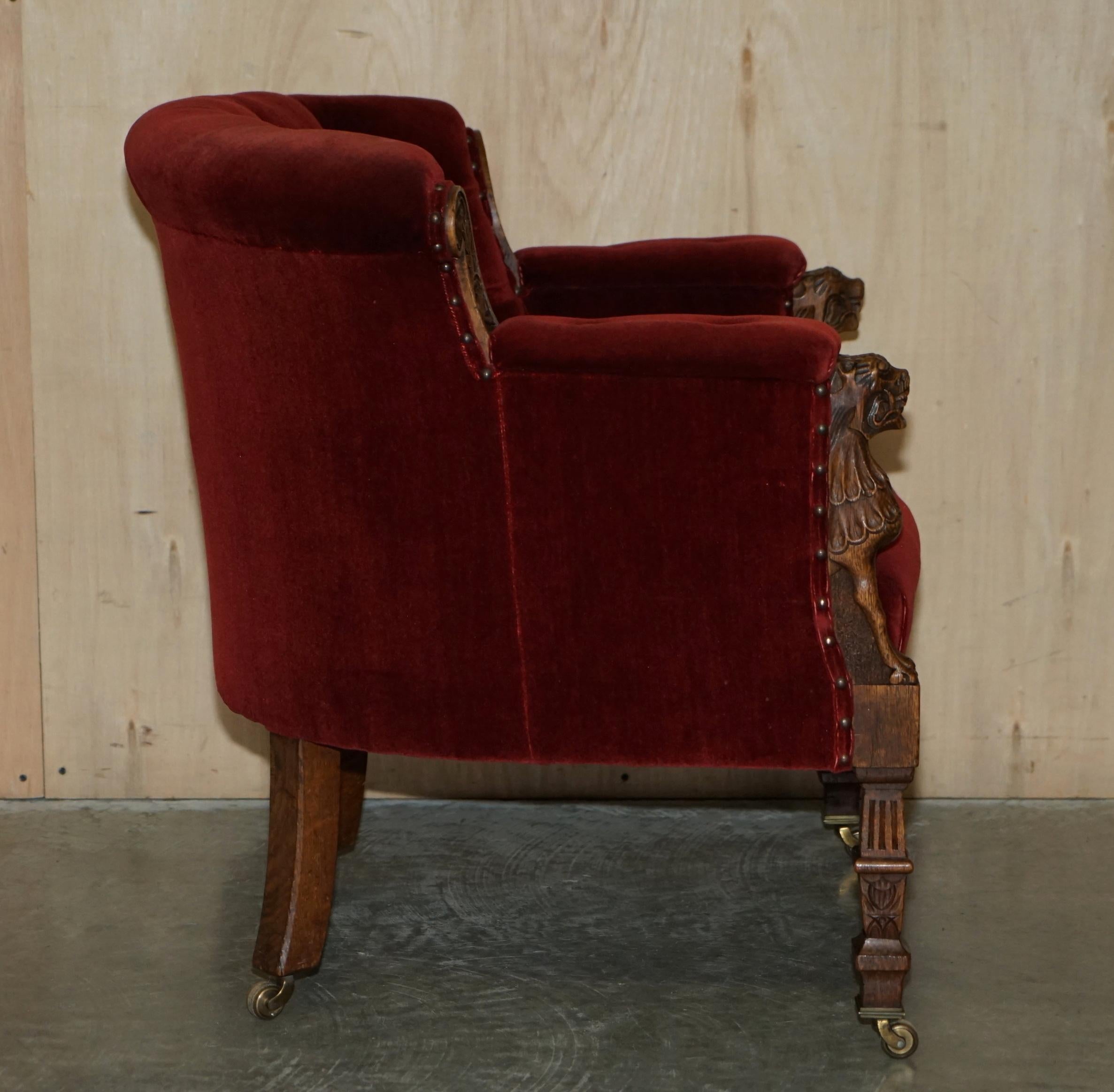 Antique Regency circa 1810 Oak Carved Armchair with Lions Head Oxblood Velour For Sale 8
