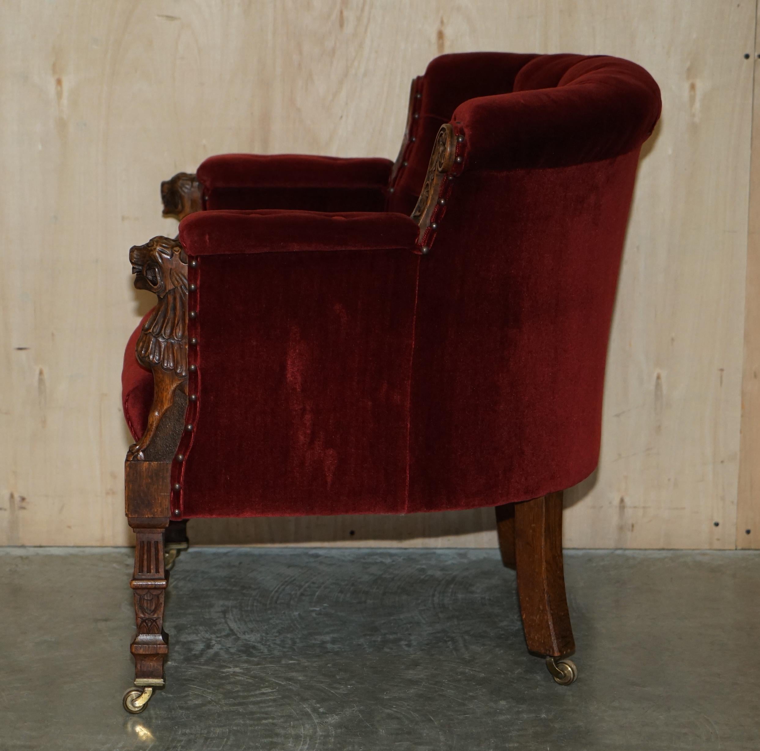 Antique Regency circa 1810 Oak Carved Armchair with Lions Head Oxblood Velour For Sale 10