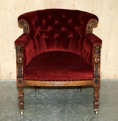 Antique Regency circa 1810 Oak Carved Armchair with Lions Head Oxblood Velour