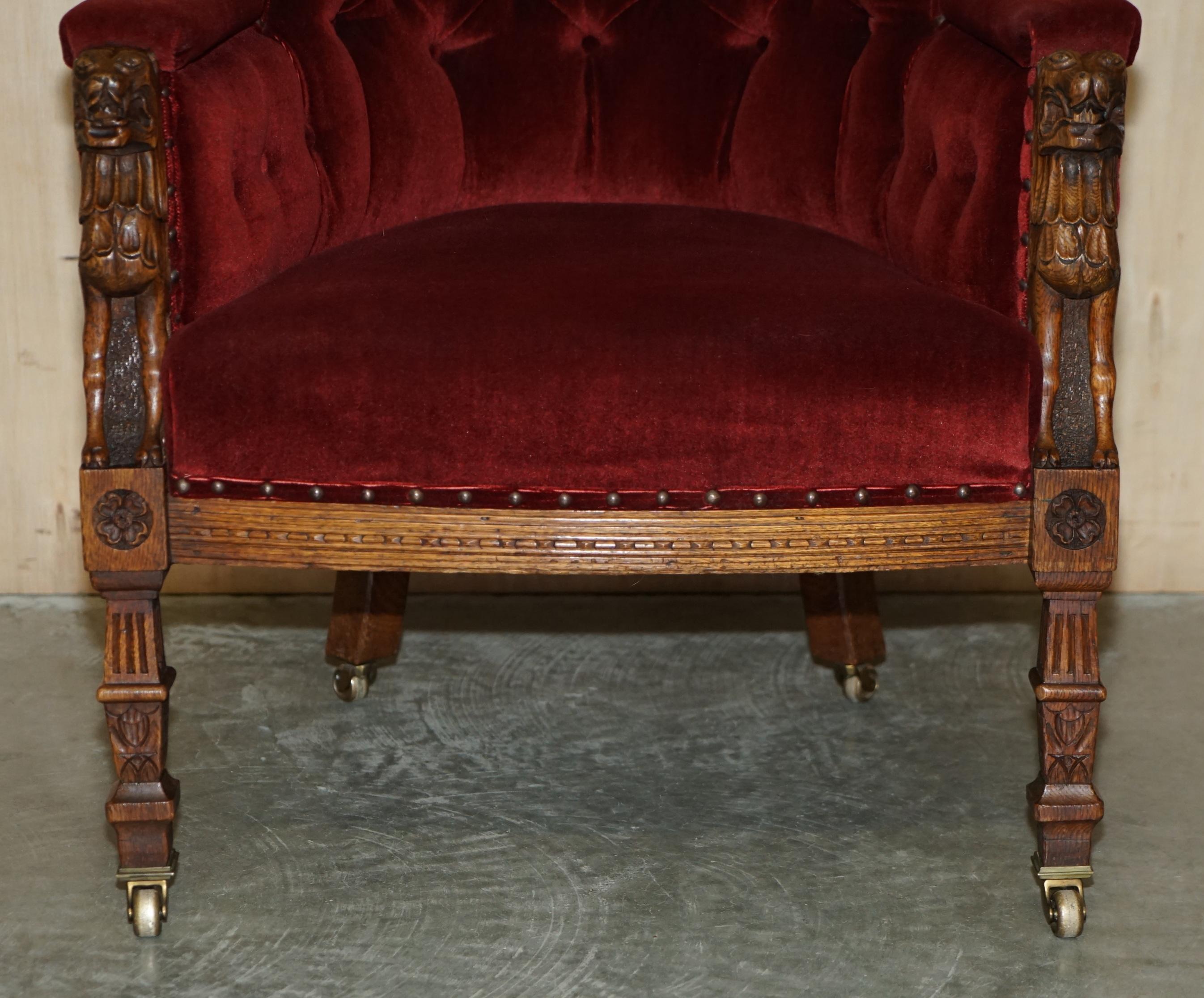 Hand-Crafted Antique Regency circa 1810 Oak Carved Armchair with Lions Head Oxblood Velour For Sale