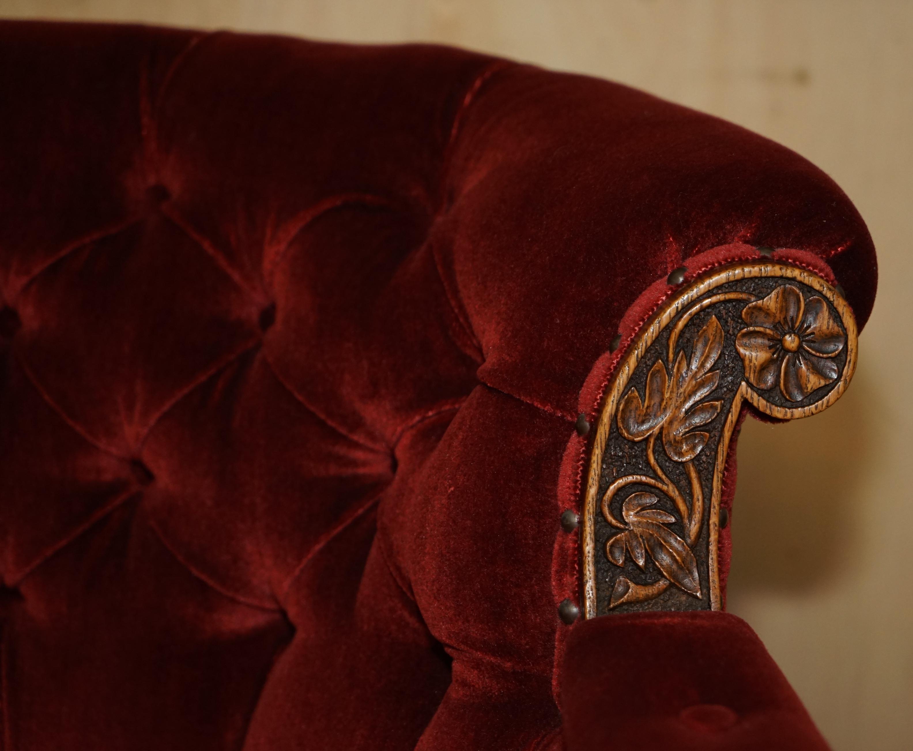 Velvet Antique Regency circa 1810 Oak Carved Armchair with Lions Head Oxblood Velour For Sale
