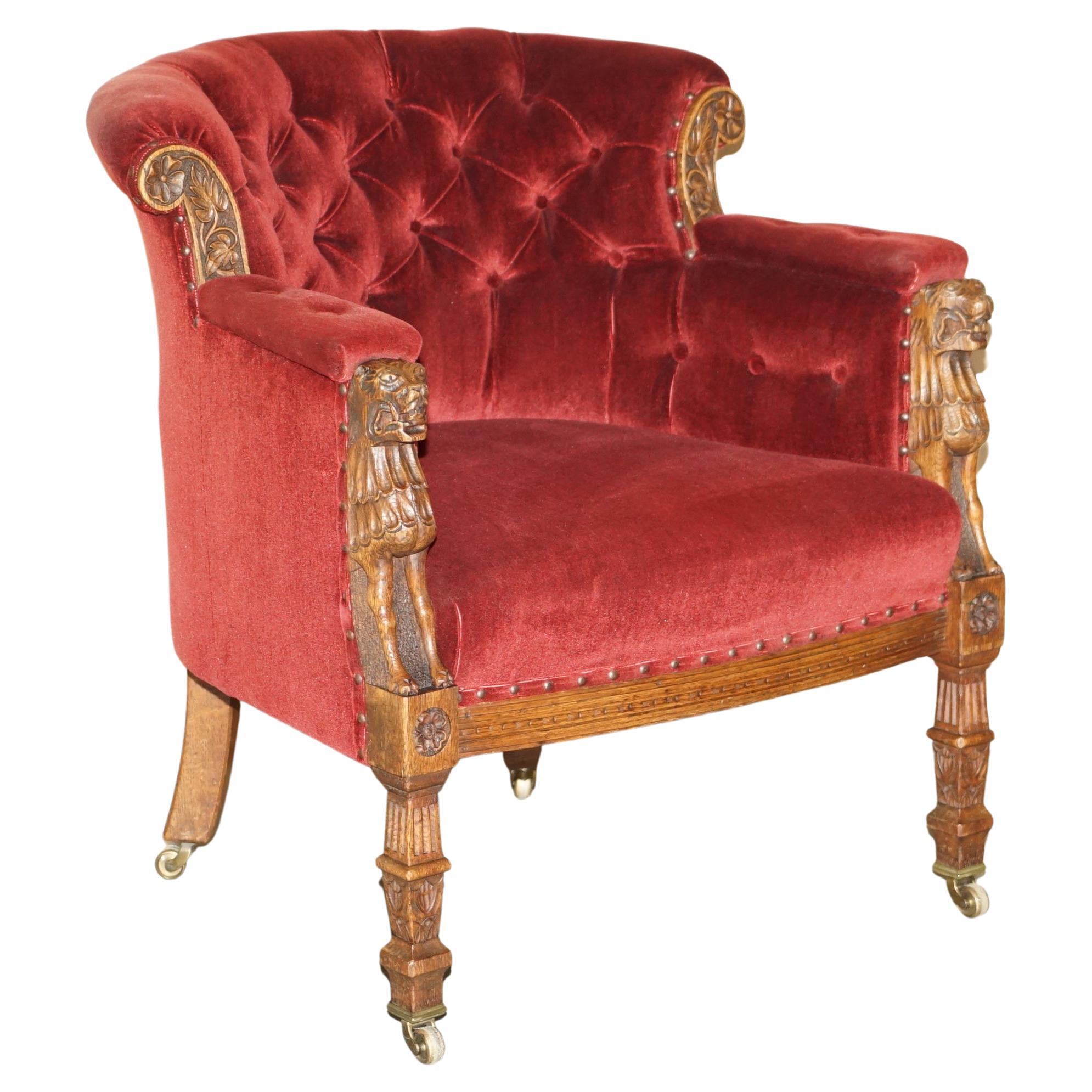 Antique Regency circa 1810 Oak Carved Armchair with Lions Head Oxblood Velour For Sale