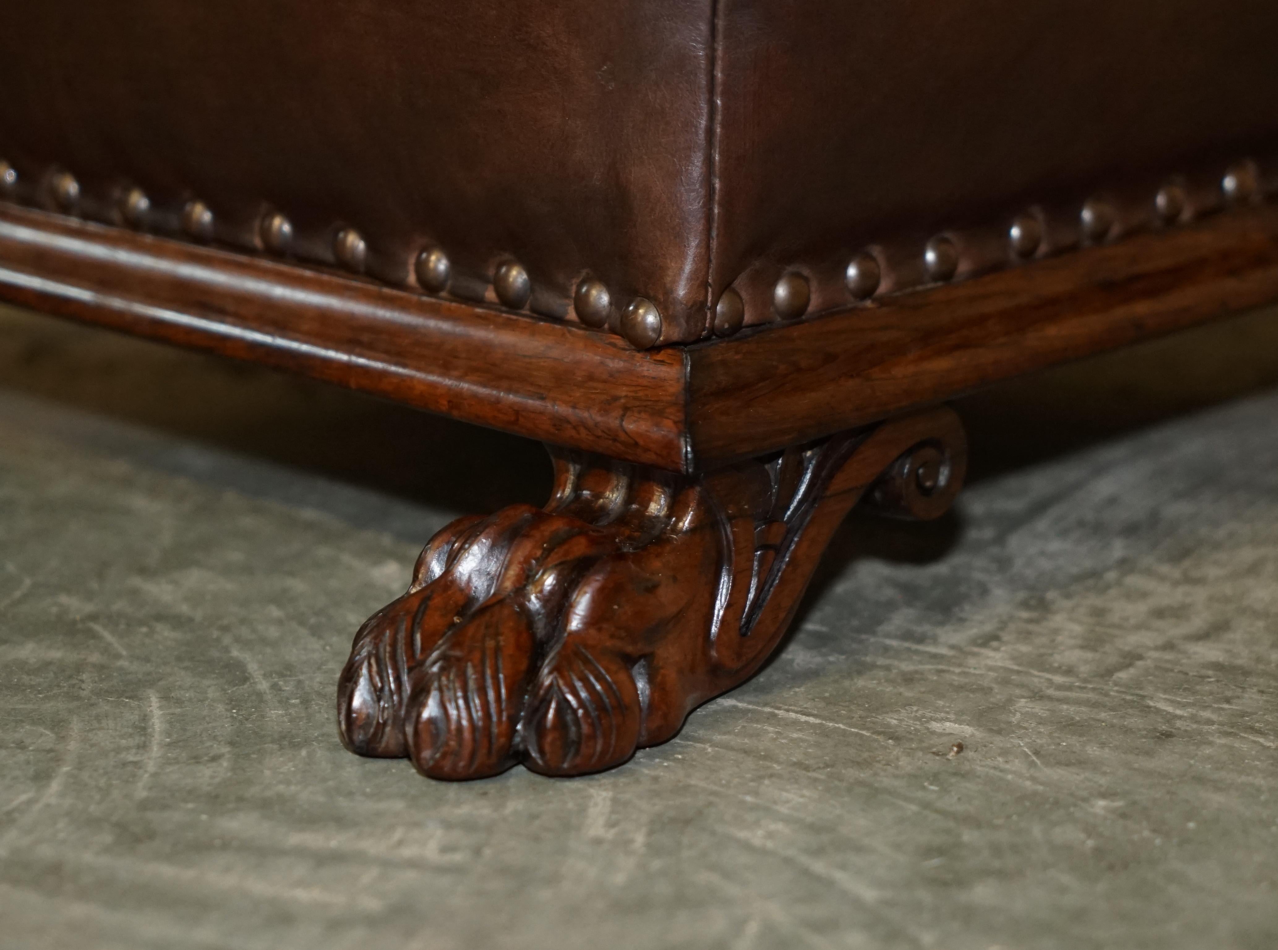 Antique Regency circa 1815 Brown Leather Hardwood Lion's Hairy Paw Footstool For Sale 5