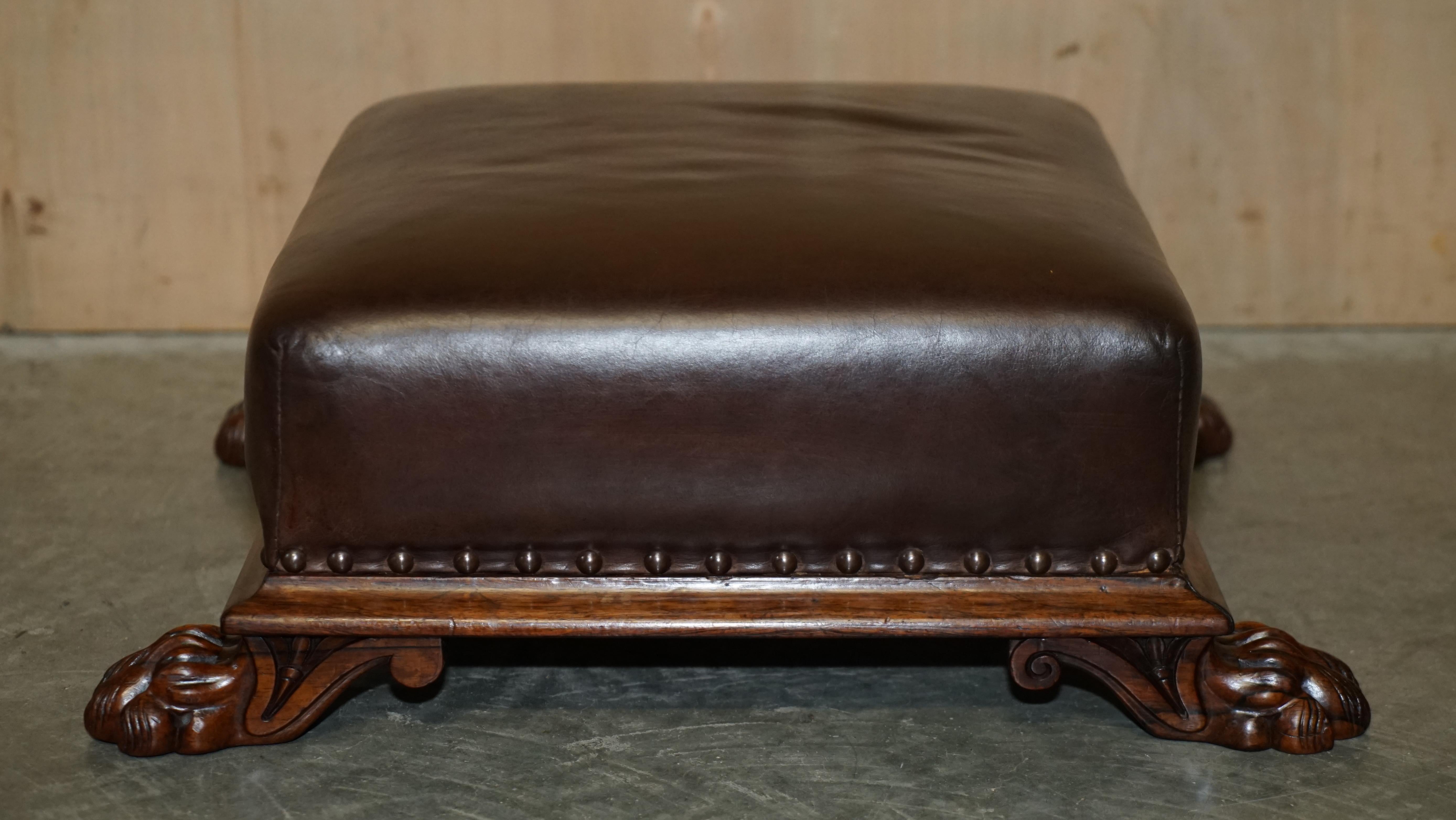 Antique Regency circa 1815 Brown Leather Hardwood Lion's Hairy Paw Footstool For Sale 11