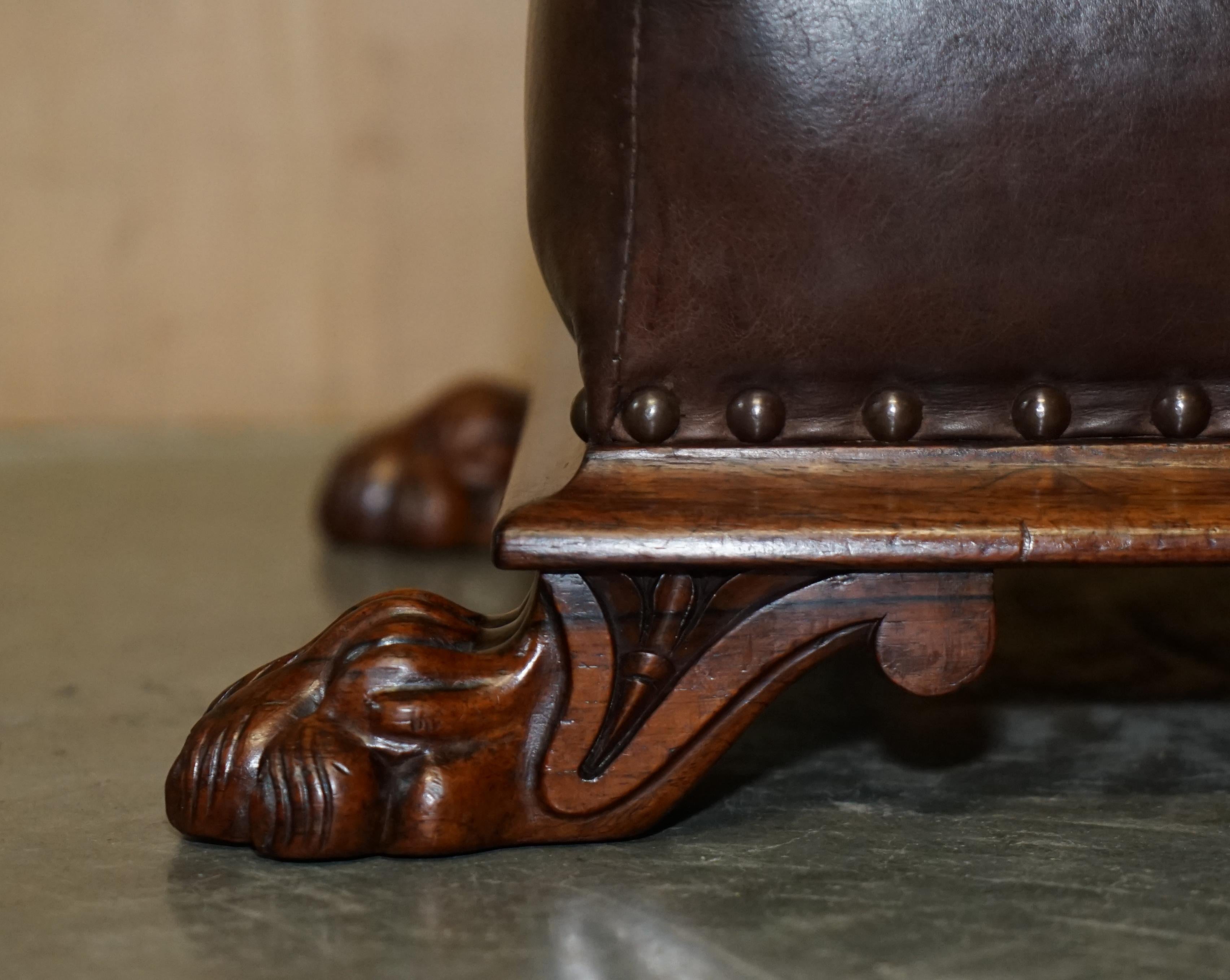 Antique Regency circa 1815 Brown Leather Hardwood Lion's Hairy Paw Footstool For Sale 12