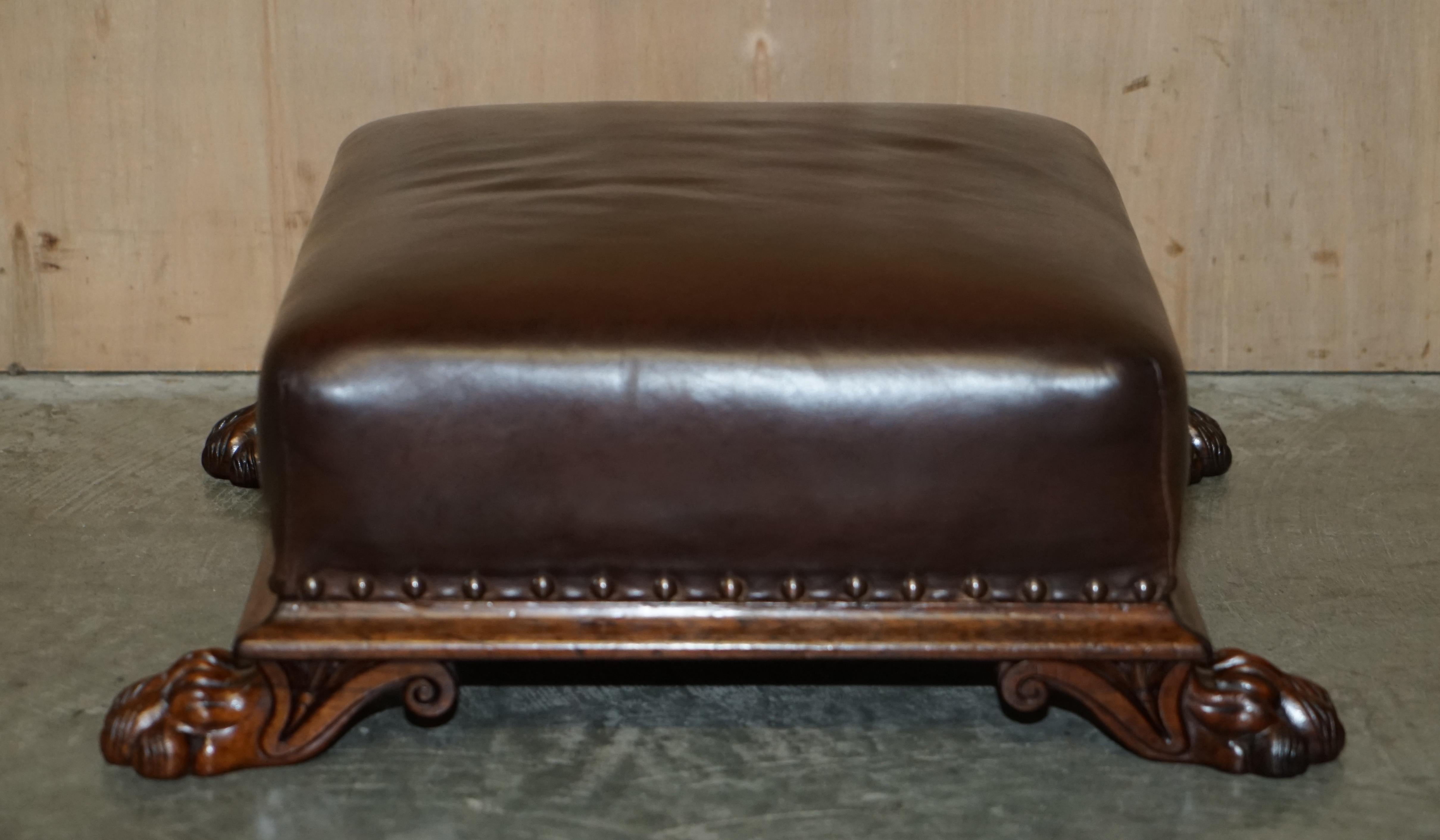 Antique Regency circa 1815 Brown Leather Hardwood Lion's Hairy Paw Footstool For Sale 15