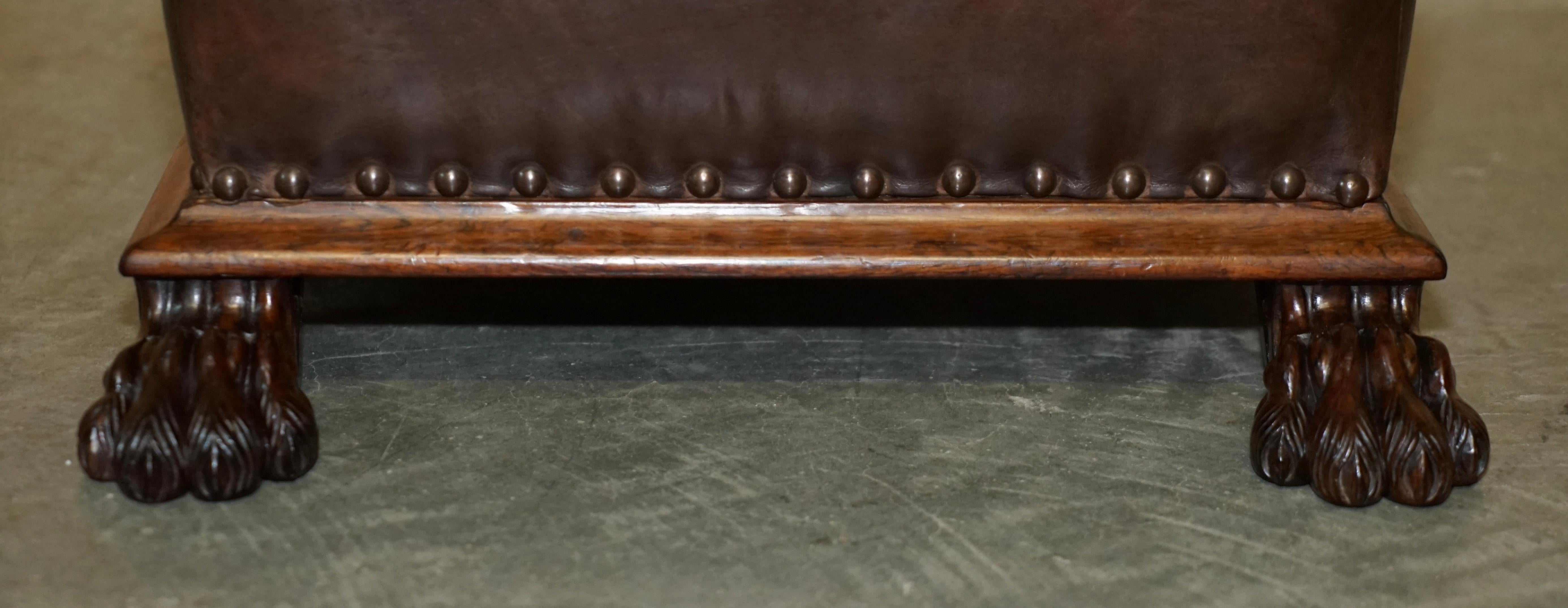 Hand-Crafted Antique Regency circa 1815 Brown Leather Hardwood Lion's Hairy Paw Footstool For Sale