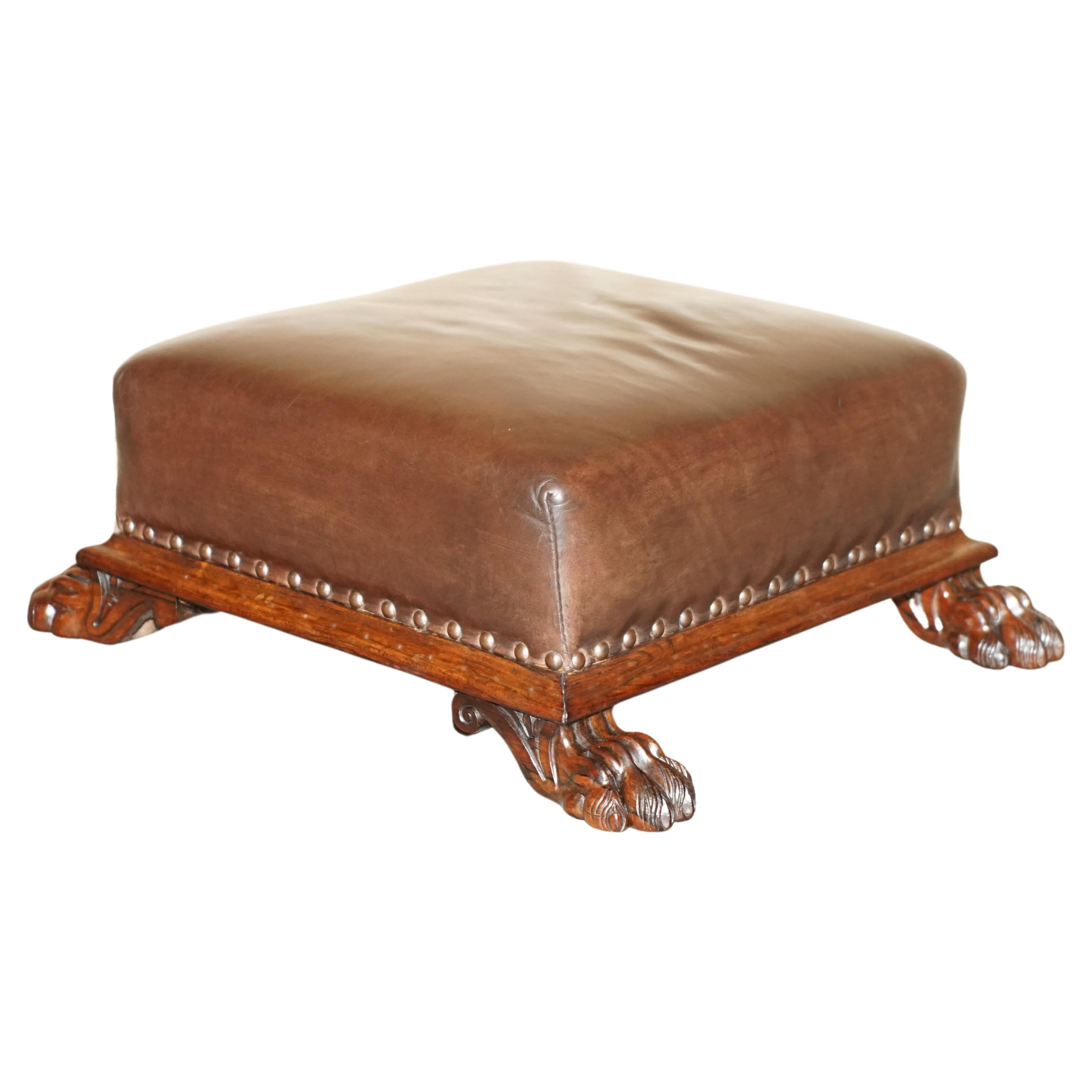 Antique Regency circa 1815 Brown Leather Hardwood Lion's Hairy Paw Footstool For Sale