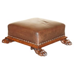 Antique Regency circa 1815 Brown Leather Hardwood Lion's Hairy Paw Footstool