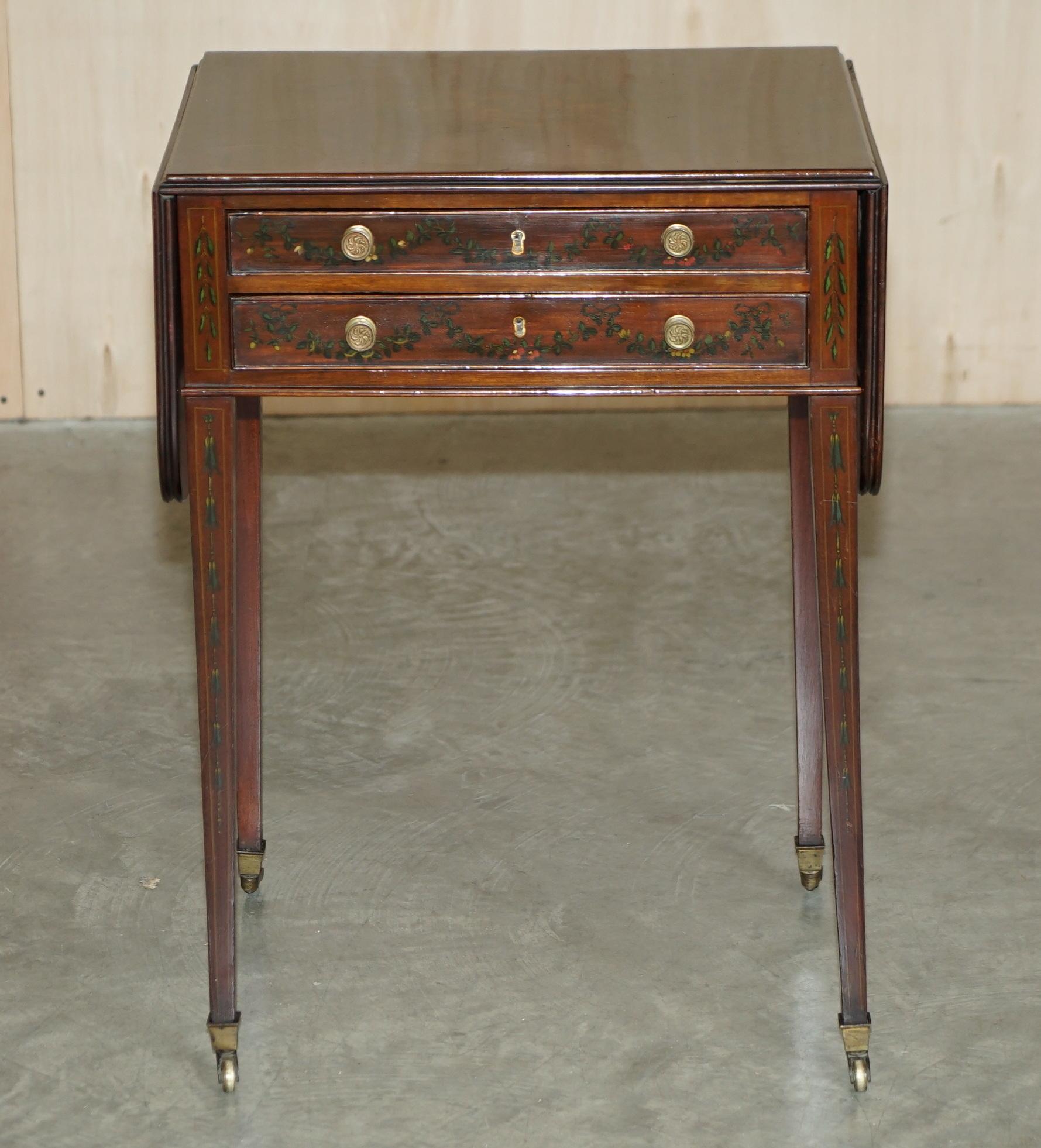 English Antique Regency circa 1815 Sheraton Hand Painted Cherub Extending Side End Table For Sale