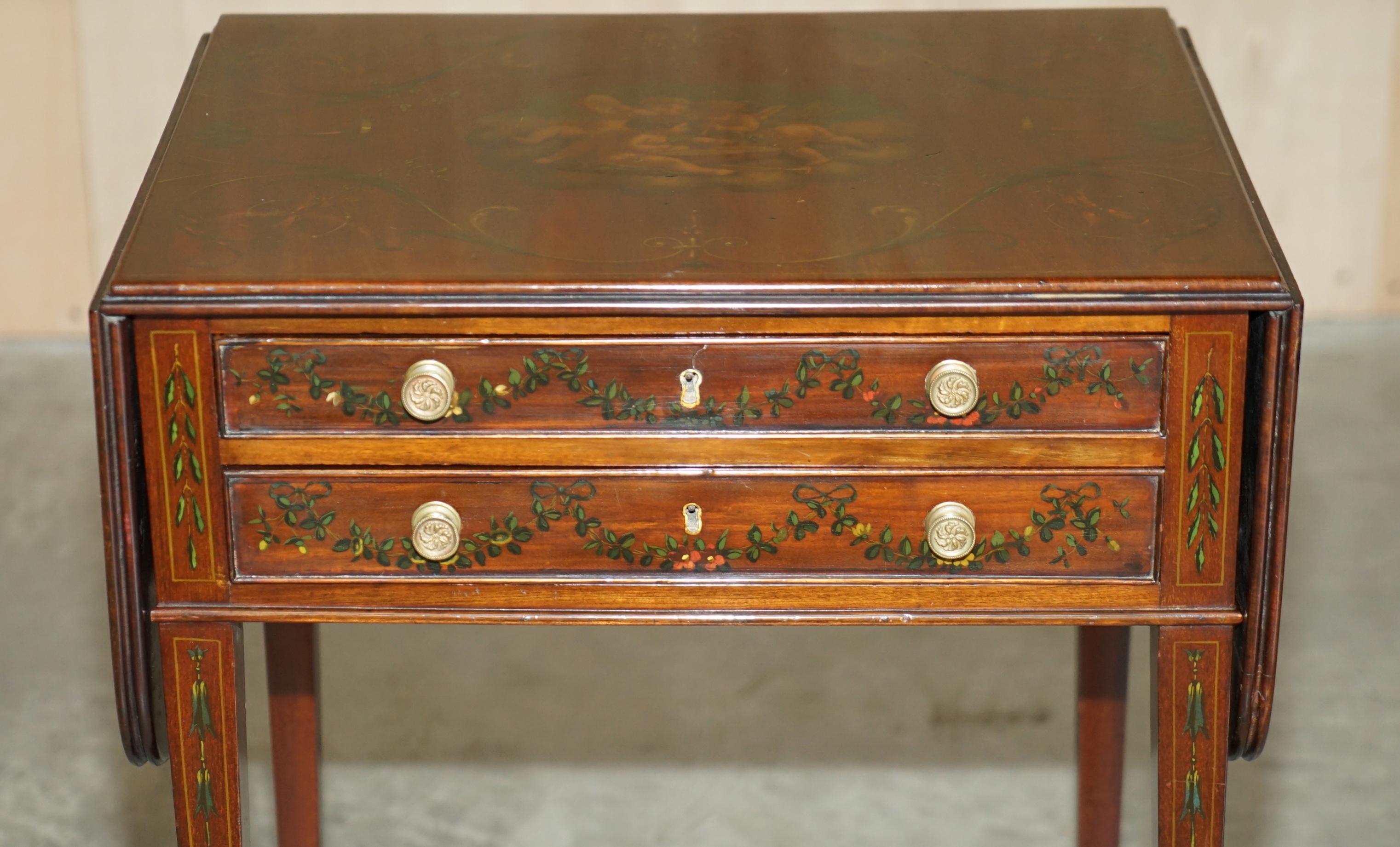 Hand-Crafted Antique Regency circa 1815 Sheraton Hand Painted Cherub Extending Side End Table For Sale