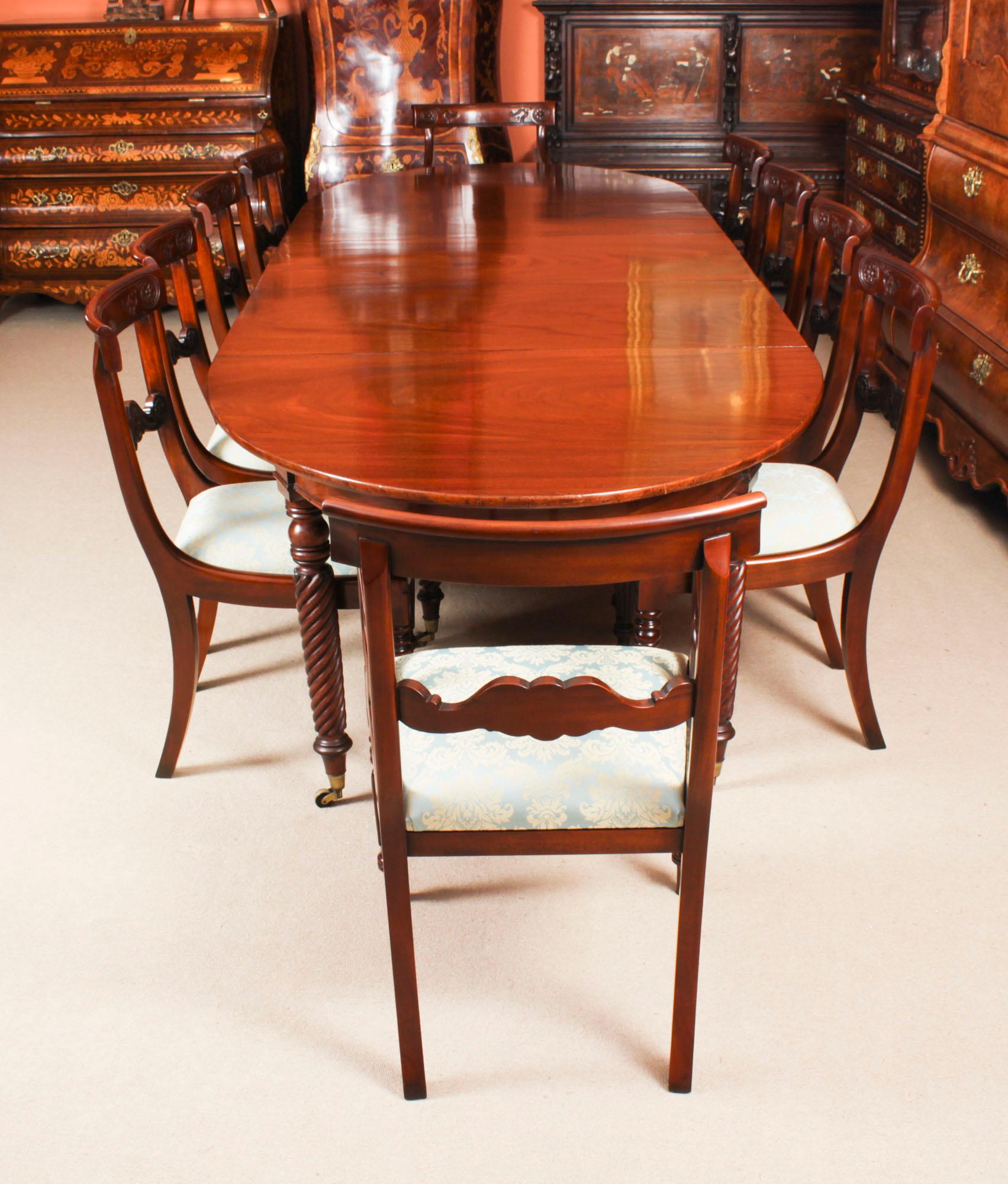 A very rare opportunity to own a fabulous dining set comprising an antique Regency Period dining table Citca 1820in date and a set of ten  Regency Revival bar back dining chairs.

The extremely rare Regency Period Wilkinson Patent concertina action