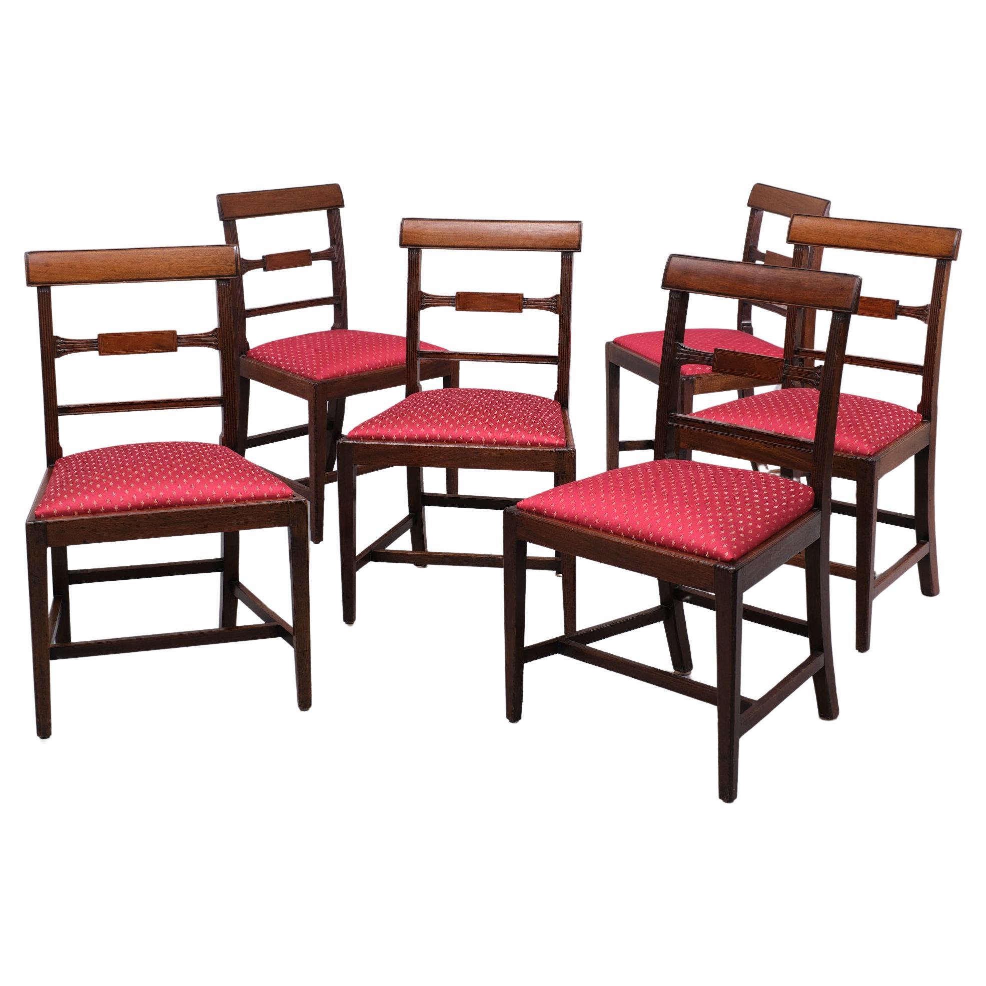 Beautiful set of Regency Dining chairs. Solid Mahogany ,comes with 
a brand new upholstery .Stunning Patine on the Mahogany .
structural good and strong . England 1850/60   