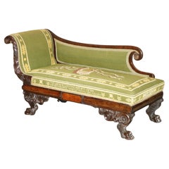ANTiQUE REGENCY EMBROIDERED HARDWOOD HAND CARVED LION'S HAIRY PAW CHAISE LOUNGE