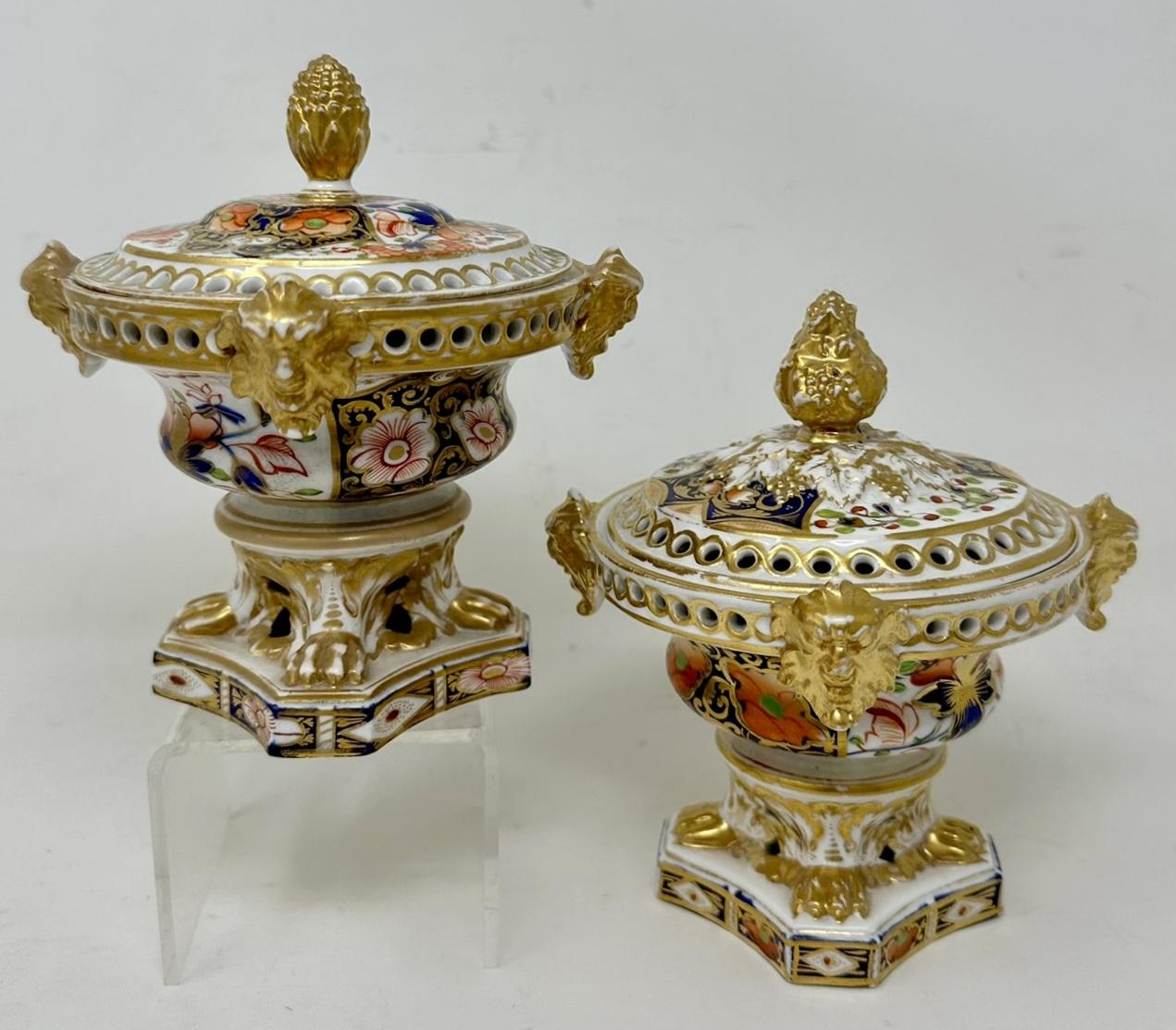 Wonderful Rare Matched Pair of Early English Regency Royal Crown Derby Porcelain Pot Pourri or Pastile Burners of traditional form. First quarter of the Nineteenth Century. 

Lavishly hand decorated in Imari palette with colours of Iron Red and
