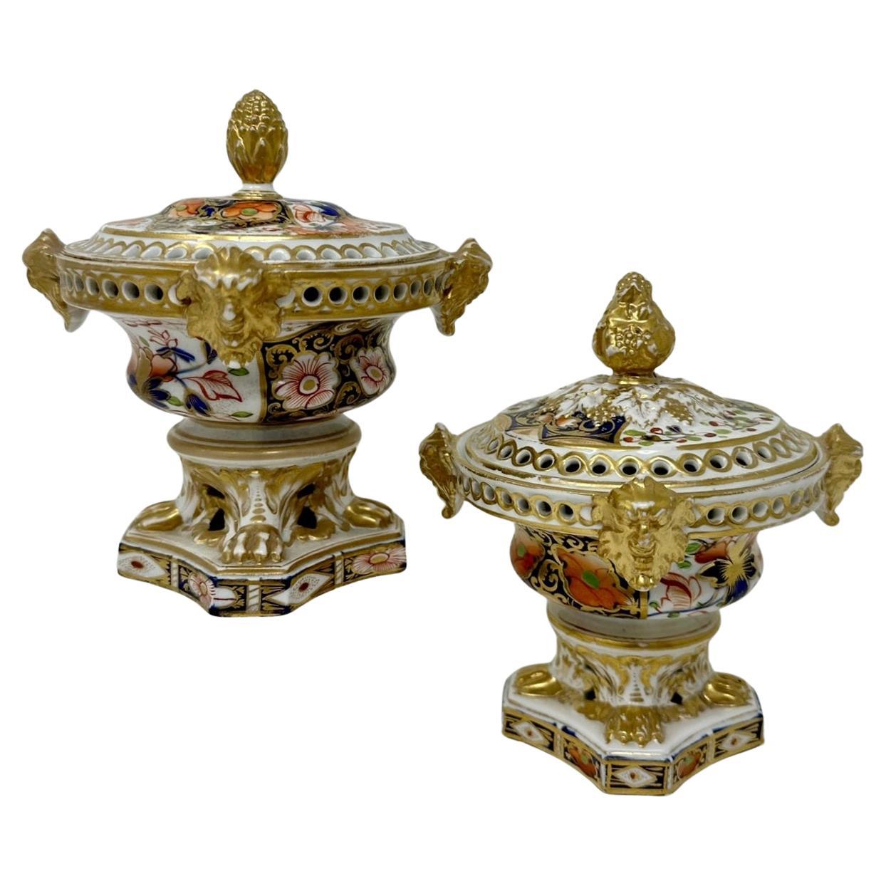 Antique Regency English Crown Derby Pair Urns Vases Pot Pourri Centerpieces 1815 For Sale