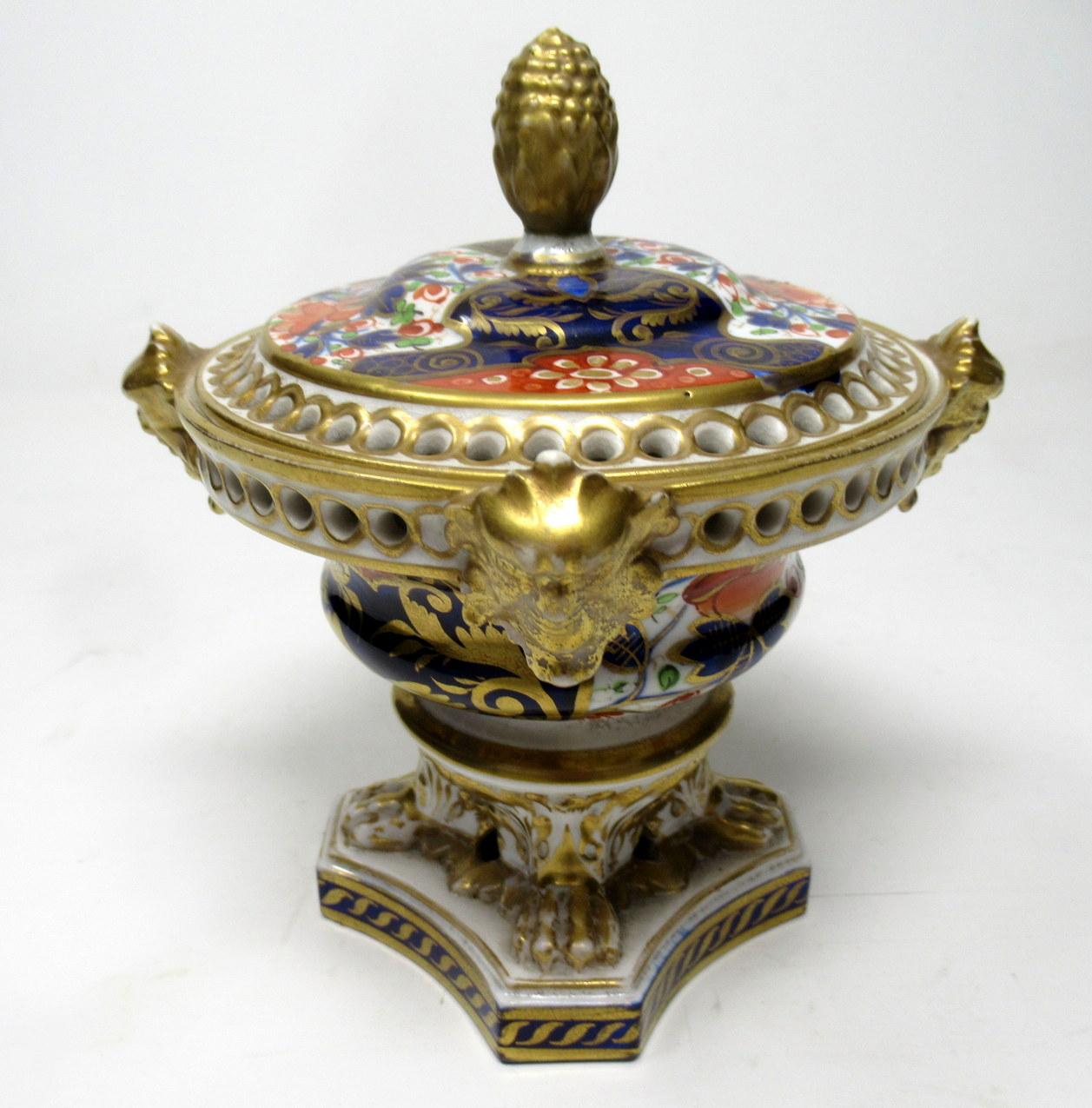Wonderful rare matched pair of early English Regency Royal Crown Derby Porcelain Pot Pourri or Pastile Burners of traditional form. First quarter of the Nineteenth century. 

Lavishly hand decorated in Imari palette with colours of iron red and