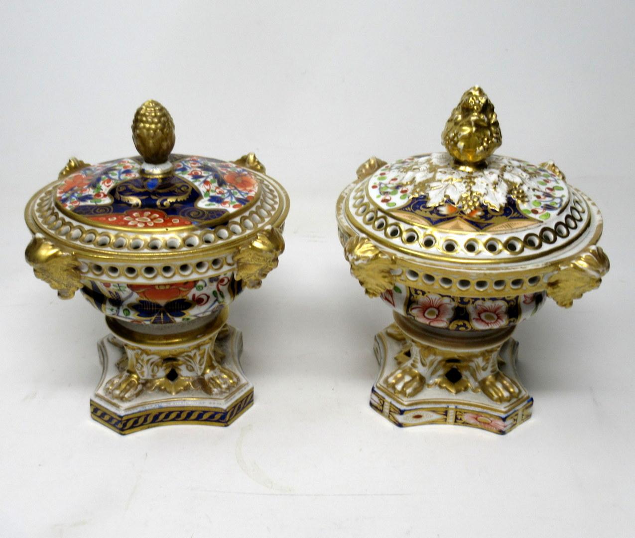19th Century Antique Regency English Crown Derby Pair Urns Vases Pot Pourri Centerpieces