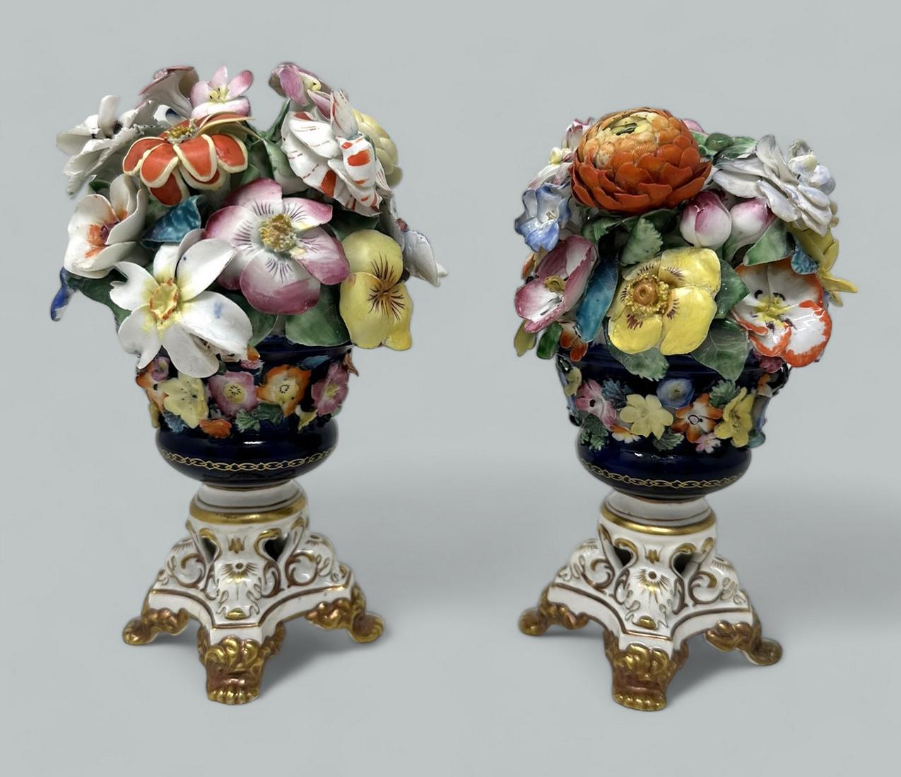 Ceramic Antique Regency English Crown Derby Porcelain China Pair Urns Vases 1815-1825 For Sale