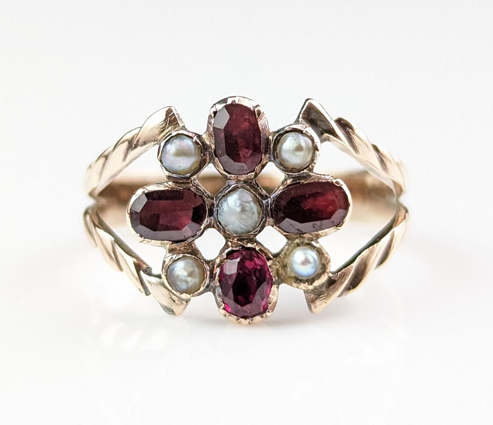 Antique Regency Era Floral Ring, Flat Cut Garnet, Pearl and Ruby, 9k Gold 6